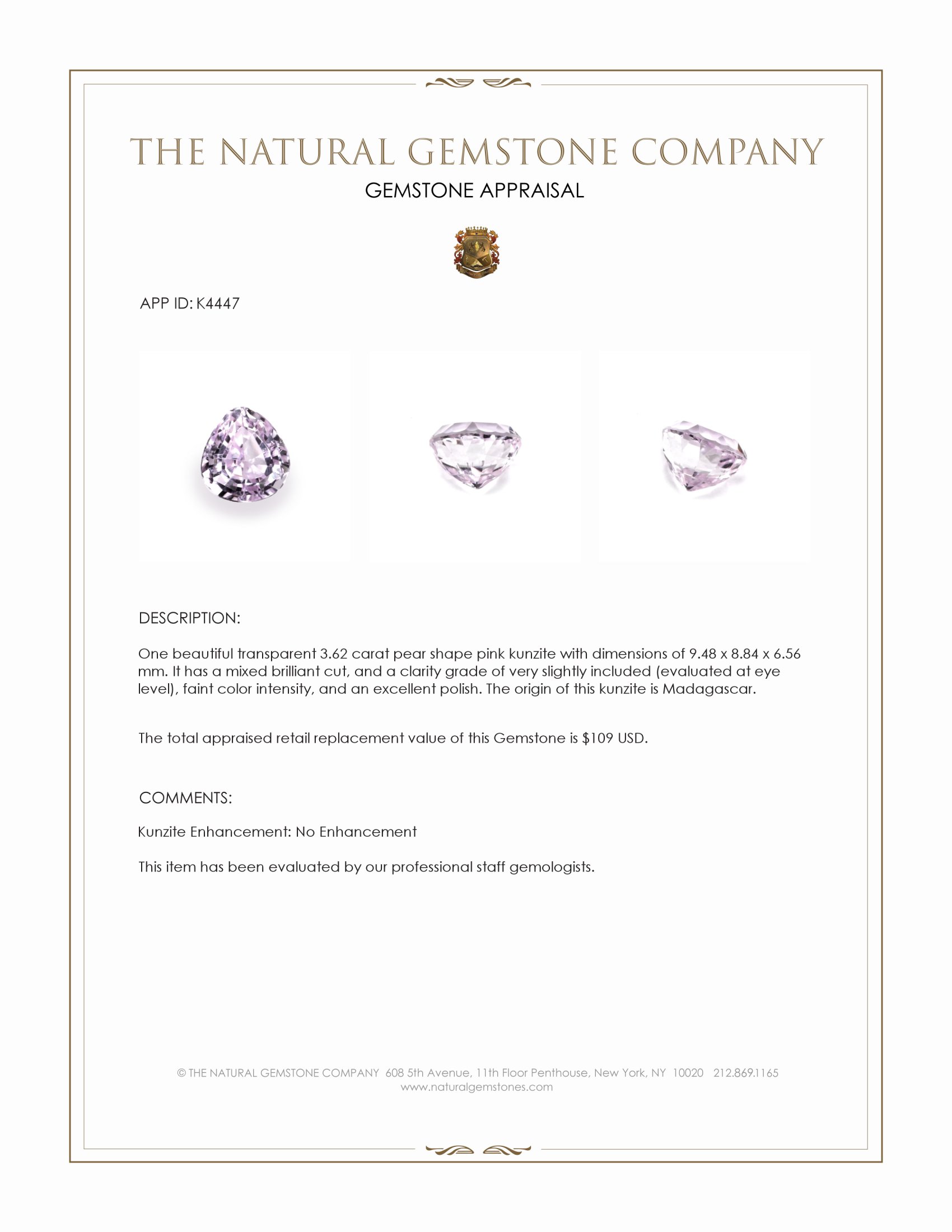 3.62 Ct. Pink Kunzite from Madagascar