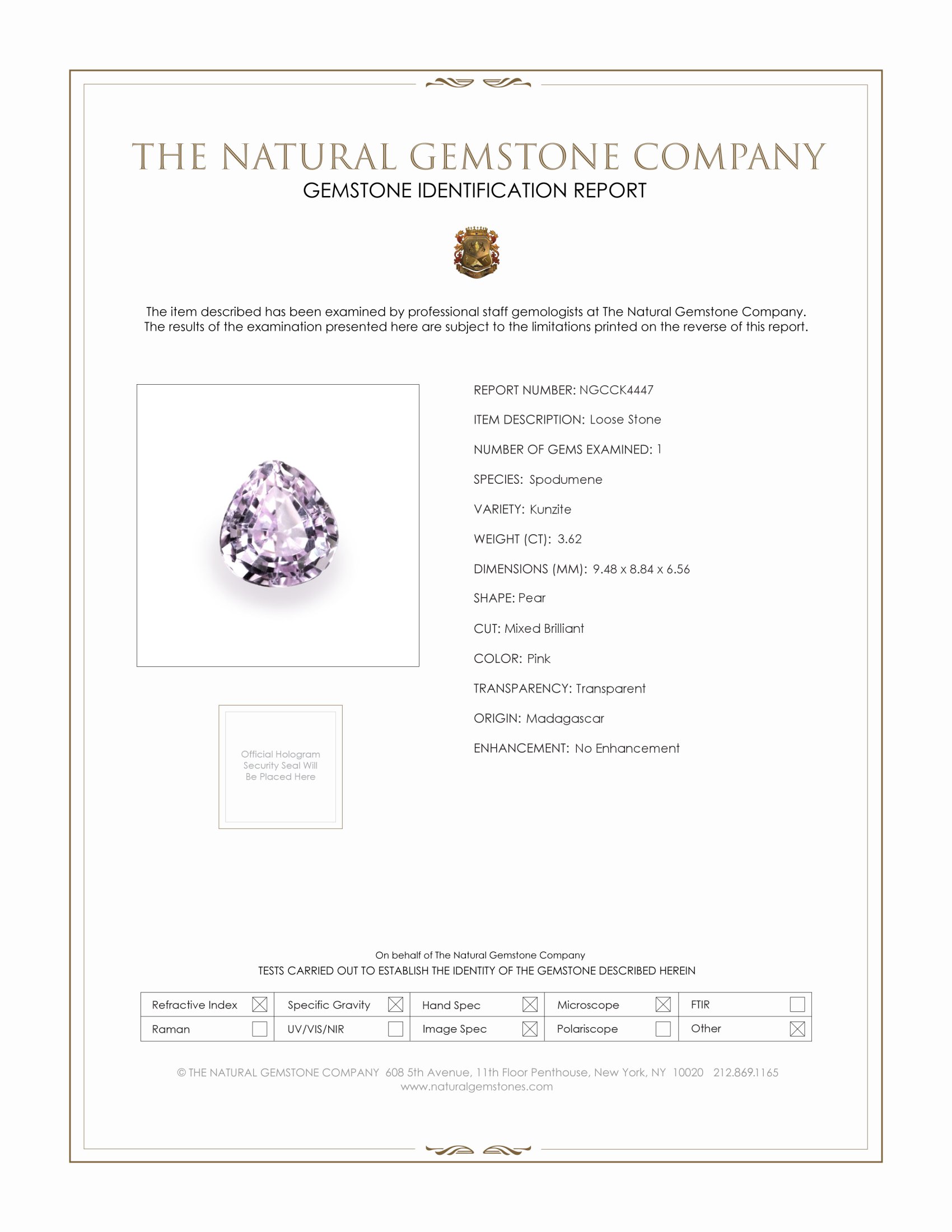 3.62 Ct. Pink Kunzite from Madagascar