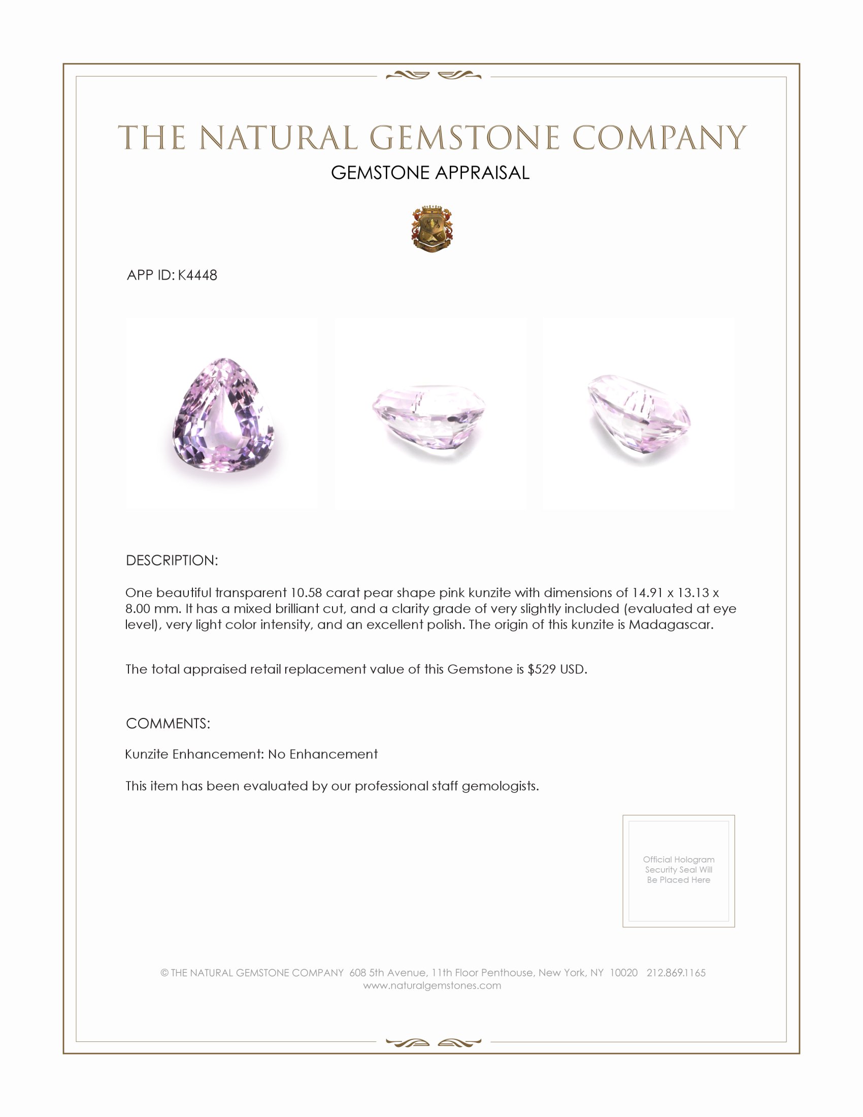 10.58 Ct. Kunzite from Madagascar