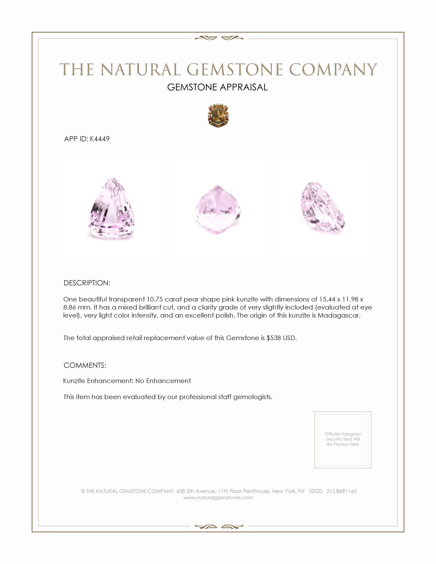 10.75 Ct. Pink Kunzite from Madagascar