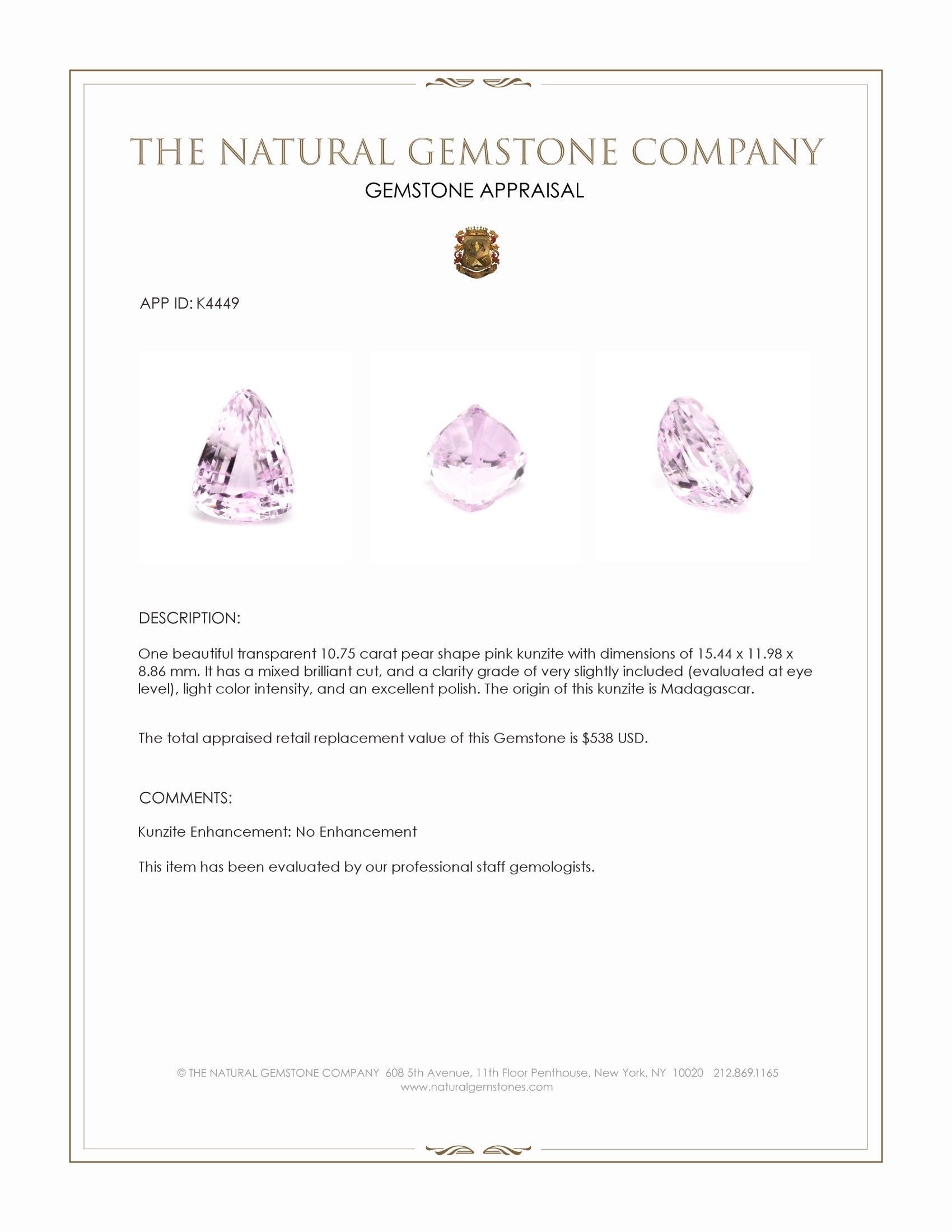 10.75 Ct. Kunzite from Madagascar