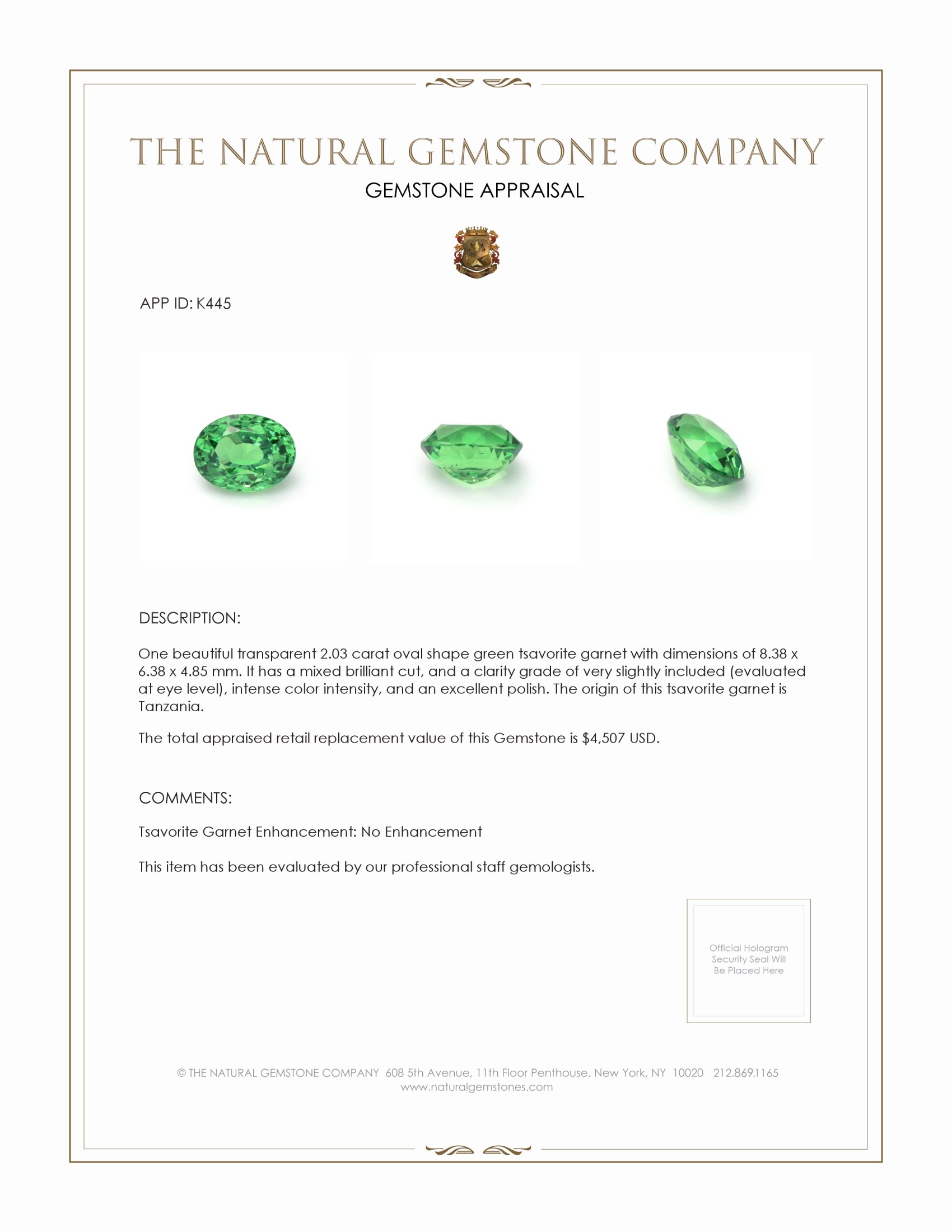 2.03 Ct. Tsavorite Garnet from Tanzania