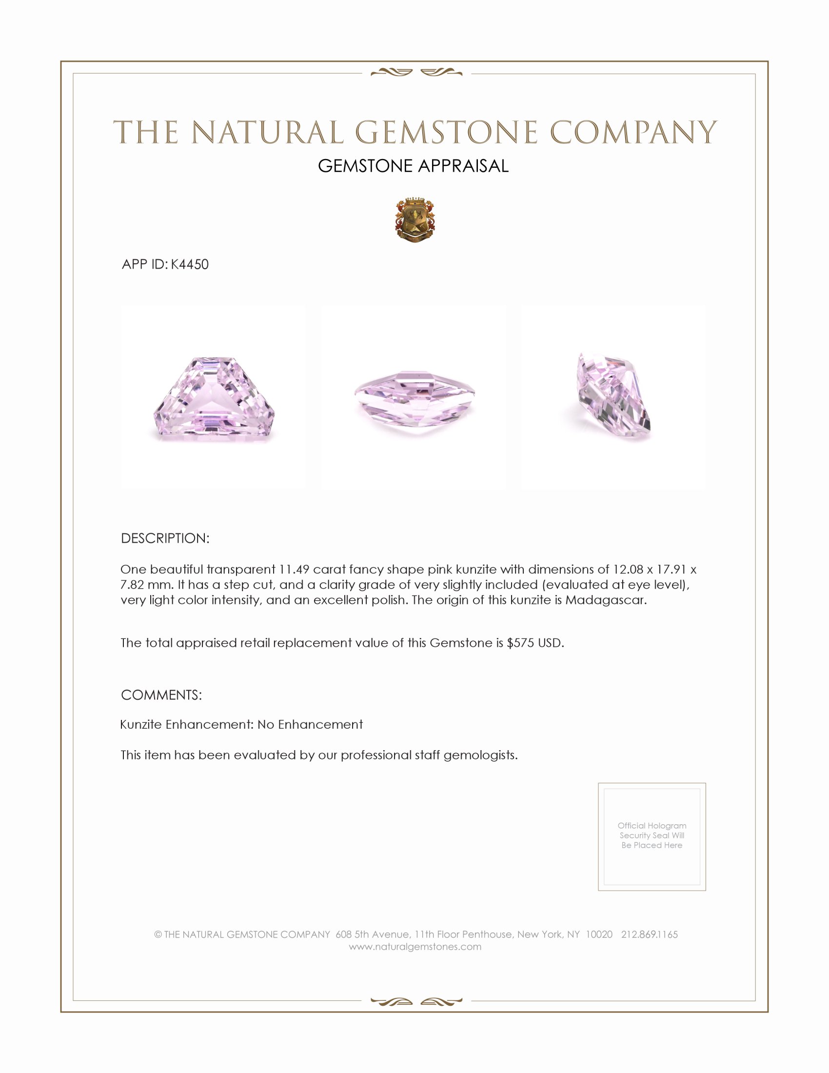 11.49 Ct. Kunzite from Madagascar
