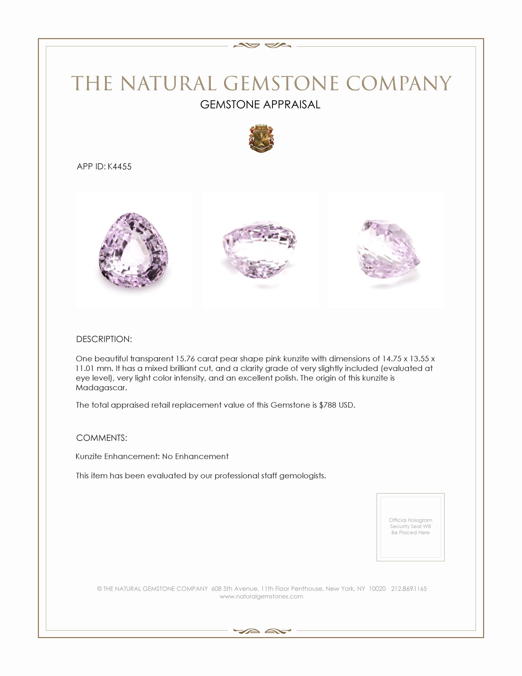 15.76 Ct. Kunzite from Madagascar