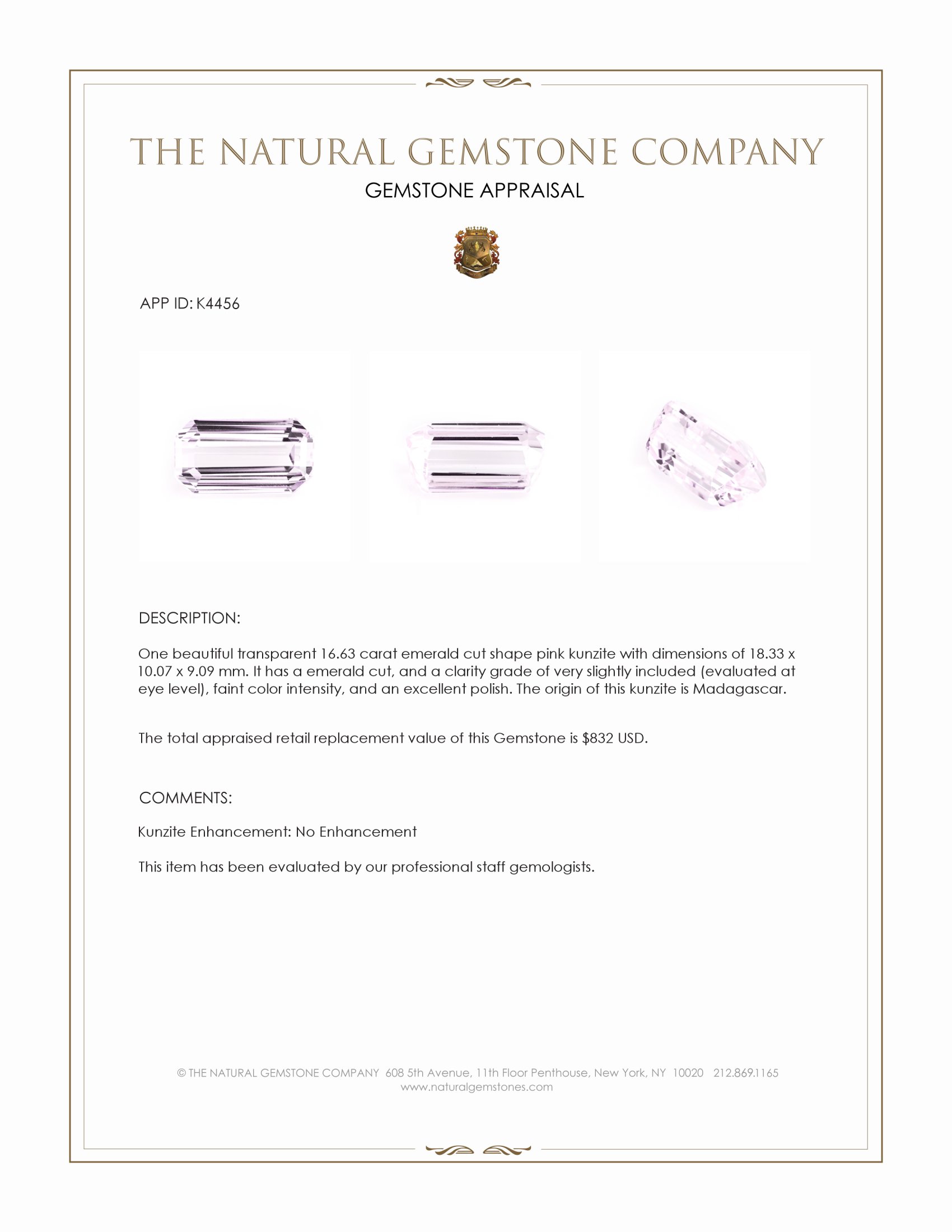 16.63 Ct. Pink Kunzite from Madagascar