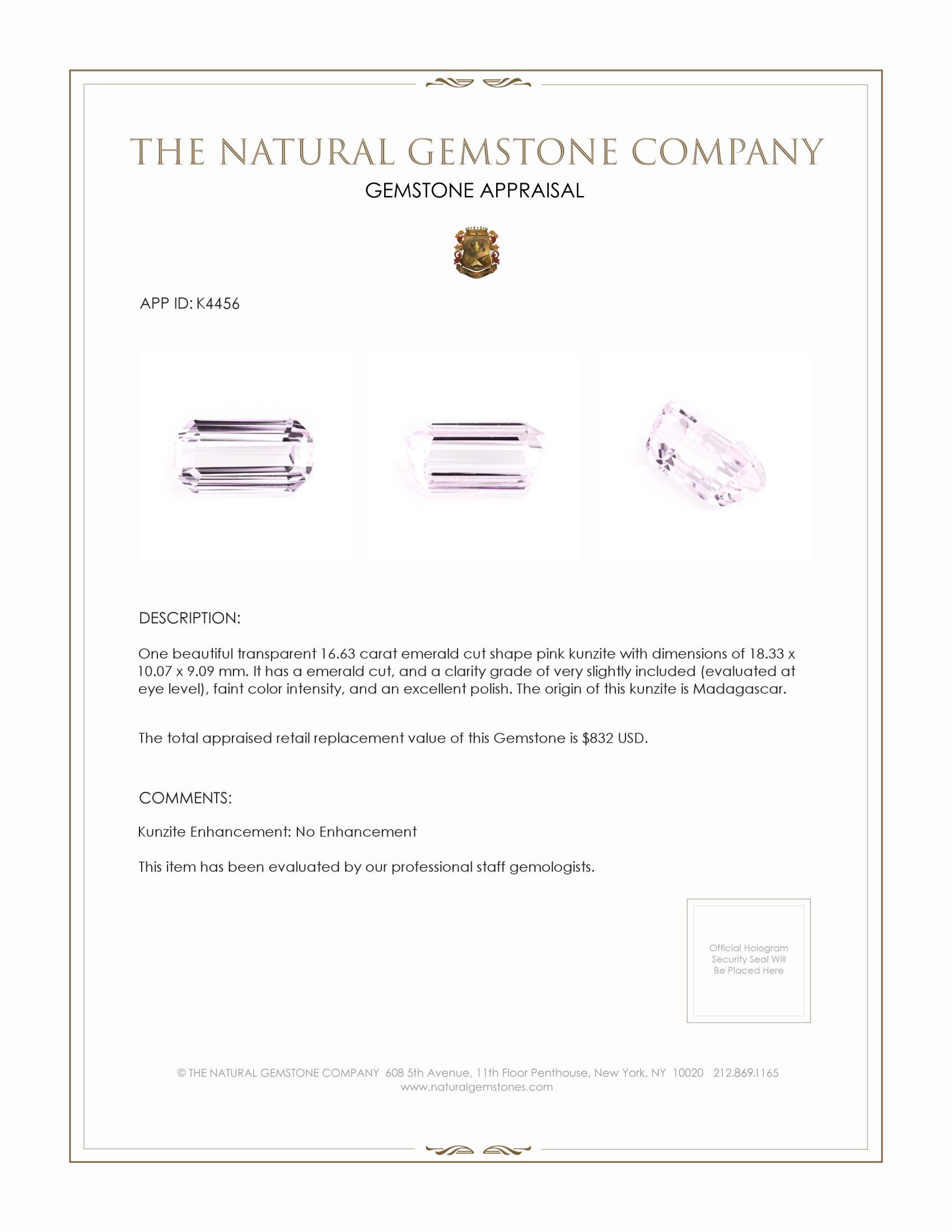 16.63 Ct. Kunzite from Madagascar