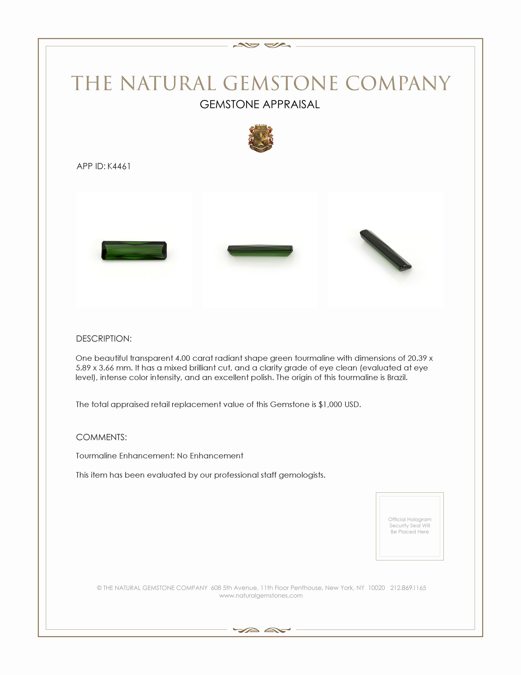 4.00 Ct. Tourmaline from Brazil