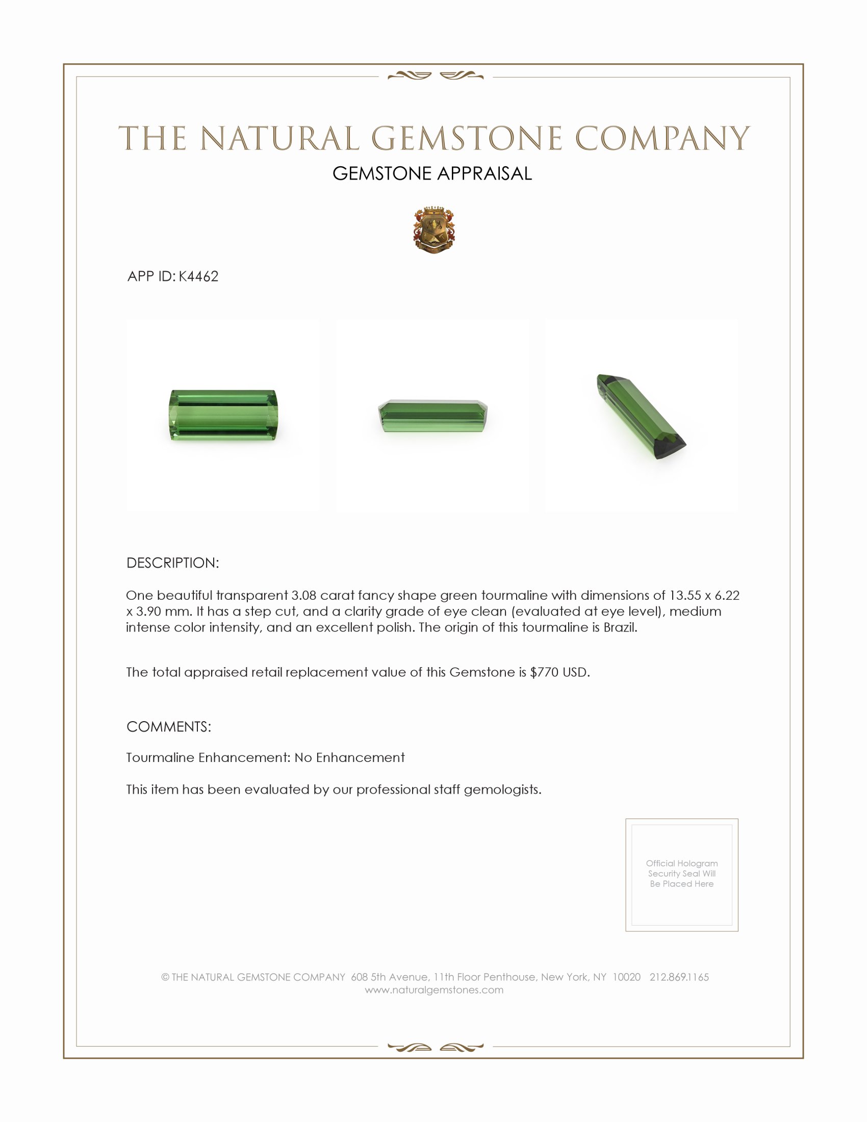 3.08 Ct. Tourmaline from Brazil