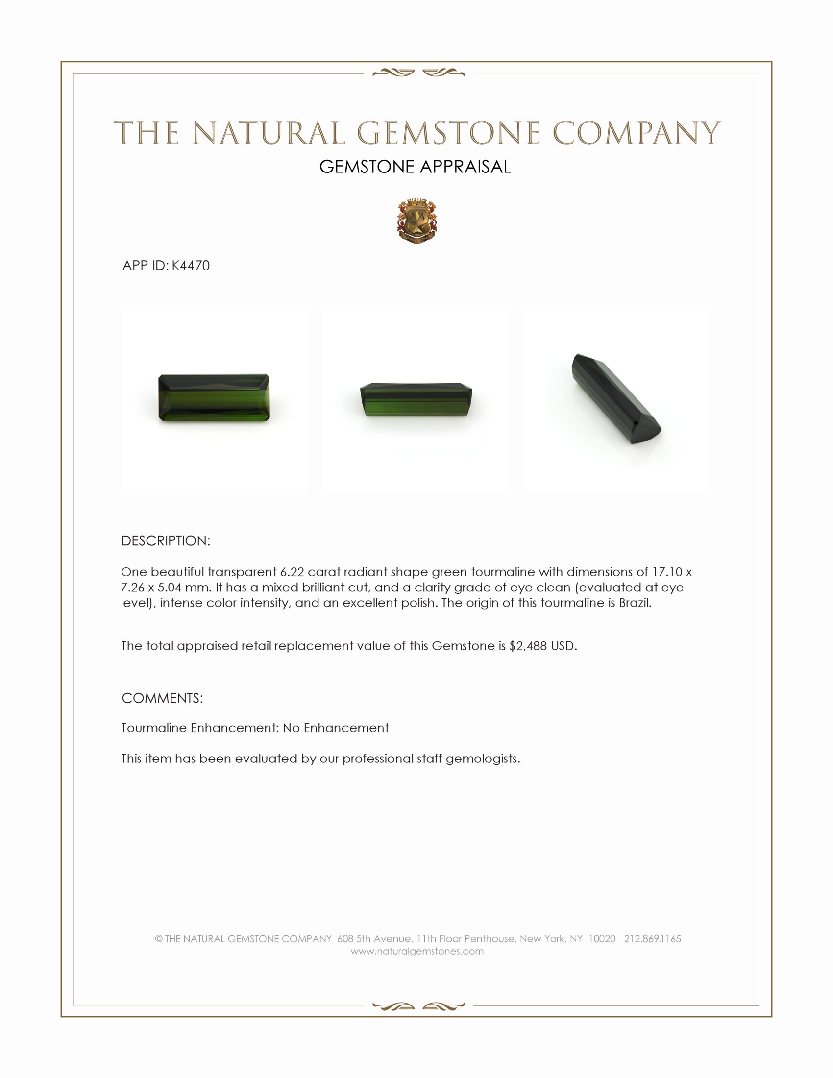 6.22 Ct. Green Tourmaline from Brazil