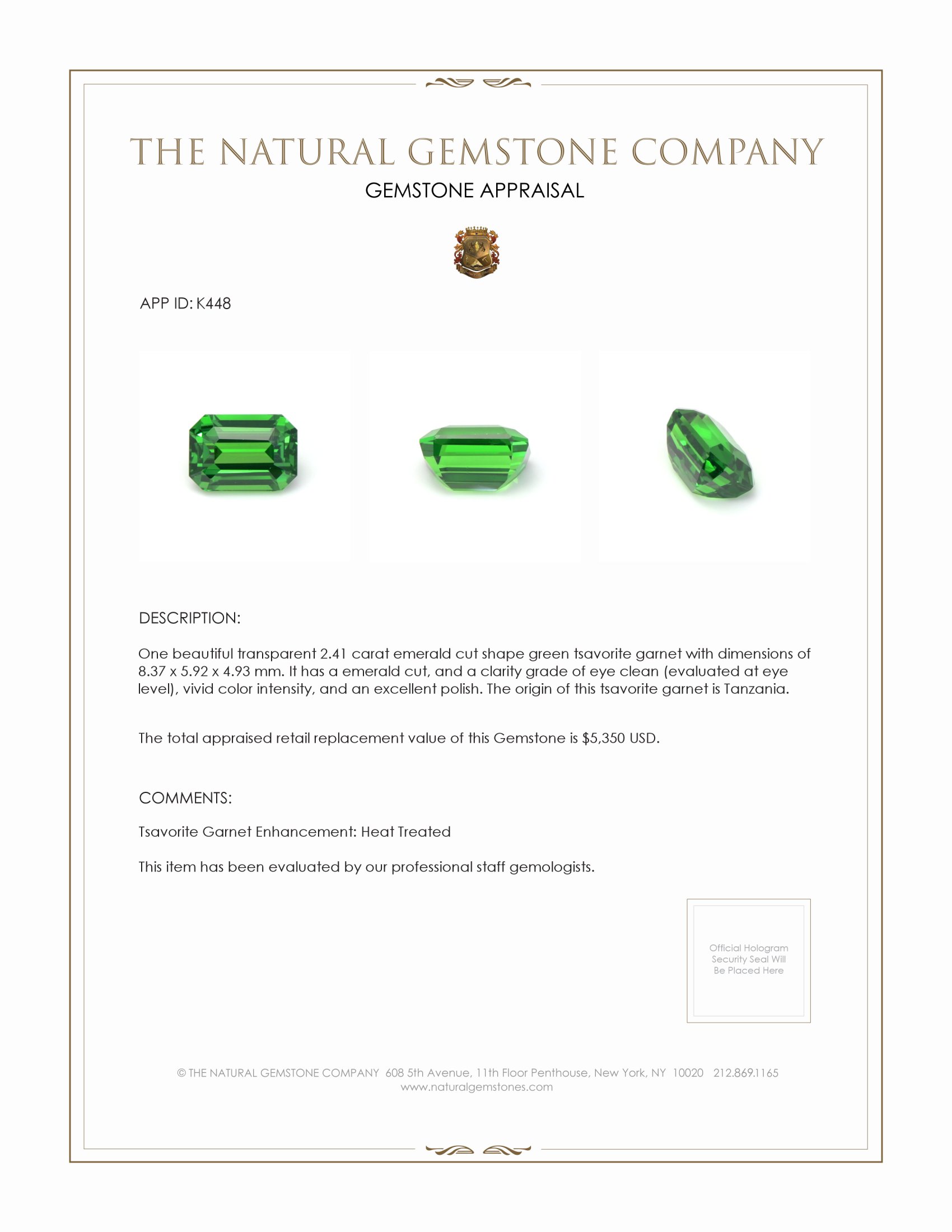 2.41 Ct. Tsavorite Garnet from Tanzania