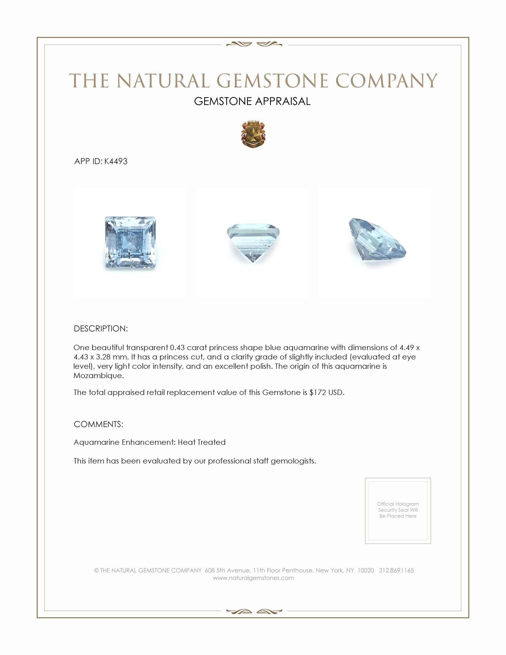 0.43 Ct. Blue Aquamarine from Mozambique