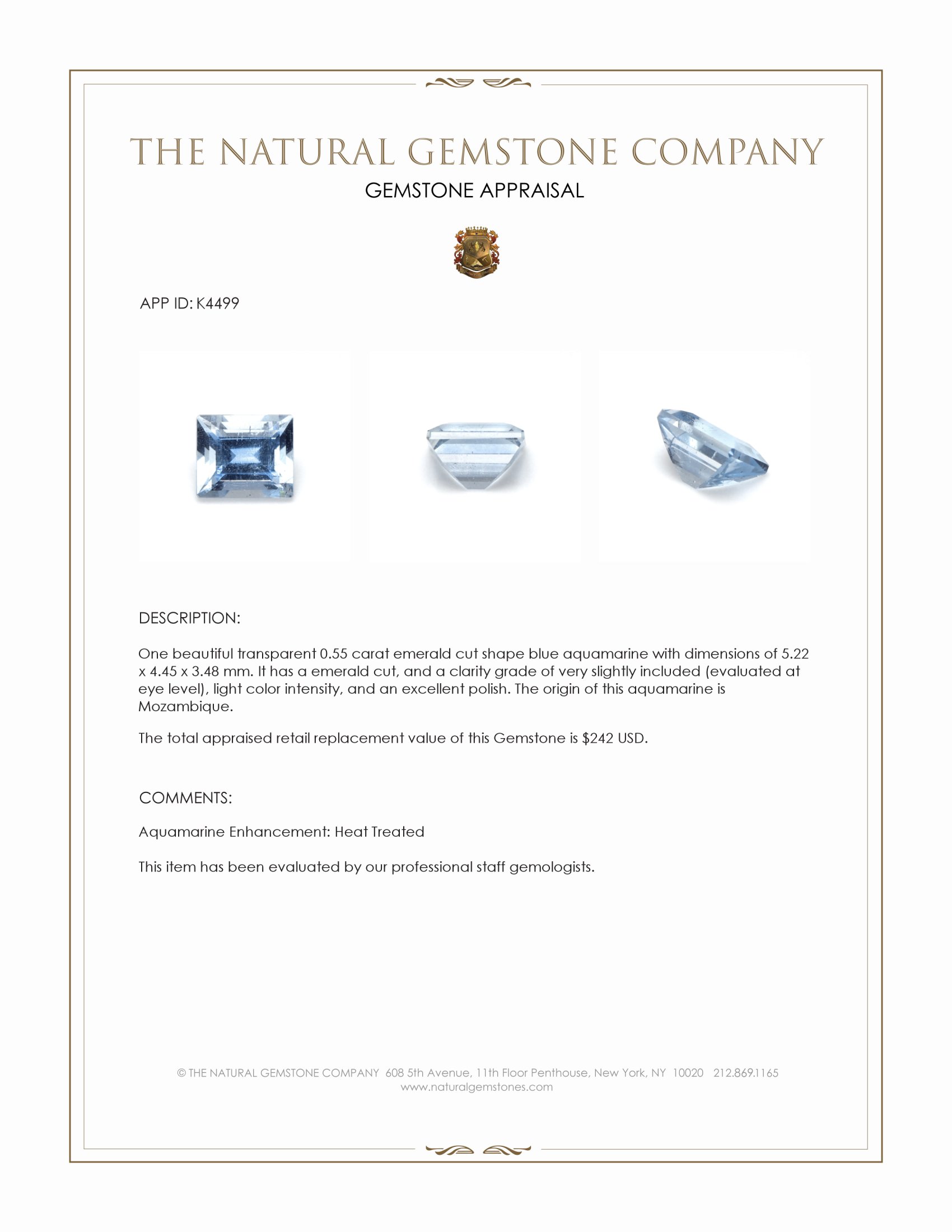 0.55 Ct. Blue Aquamarine from Mozambique