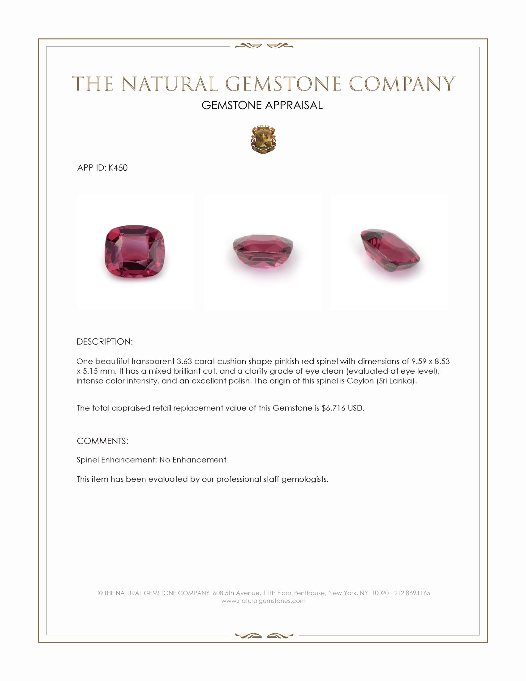 3.63 Ct. Pinkish Red Spinel from Ceylon (Sri Lanka)