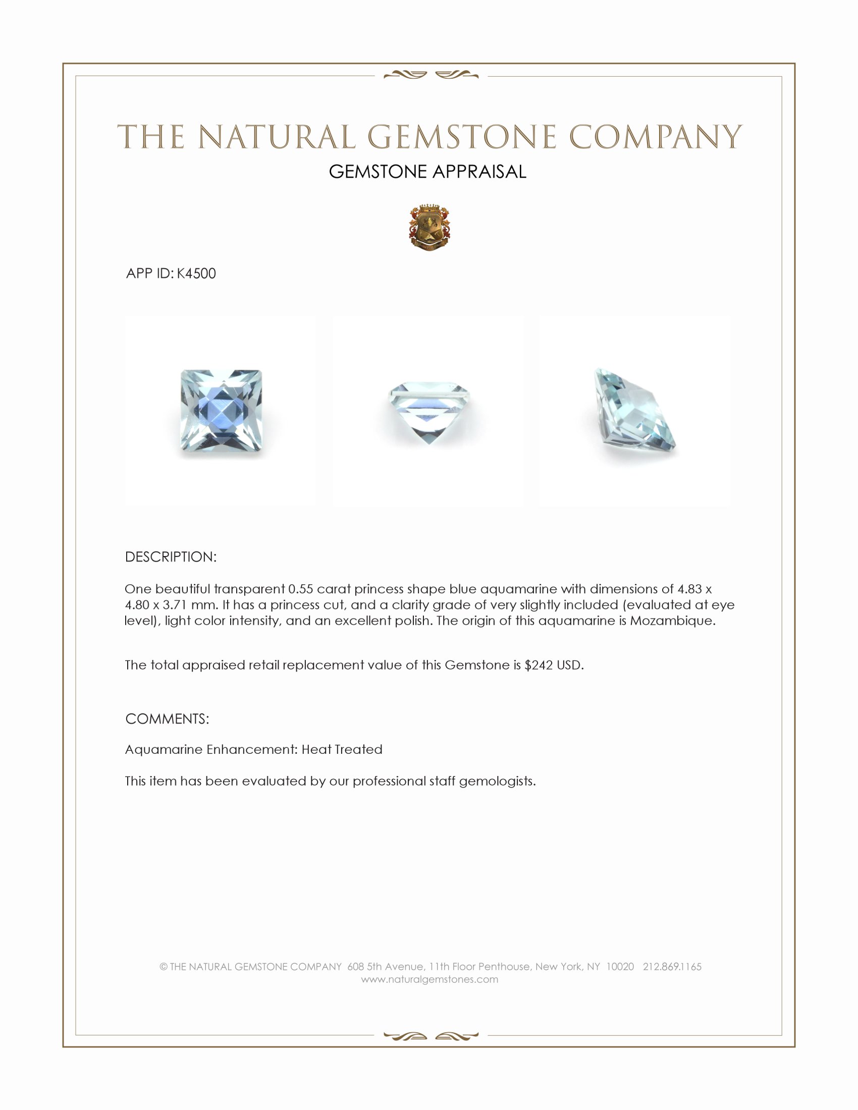 0.55 Ct. Blue Aquamarine from Mozambique