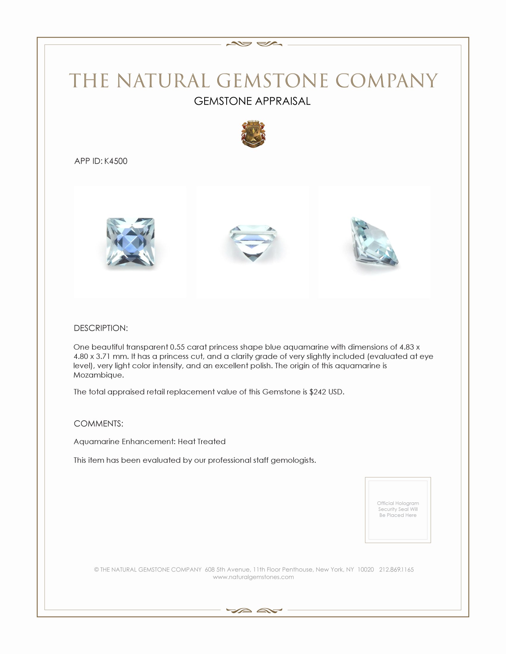 0.55 Ct. Aquamarine from Mozambique