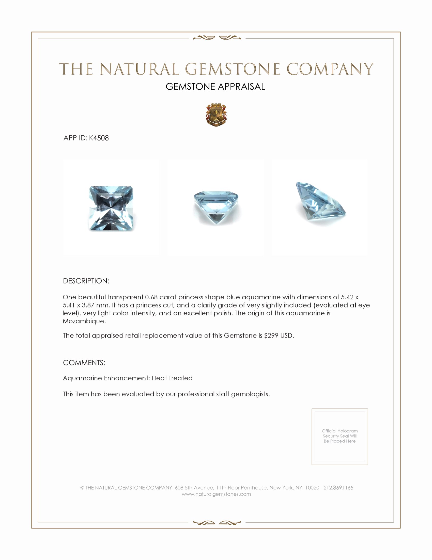 0.68 Ct. Aquamarine from Mozambique