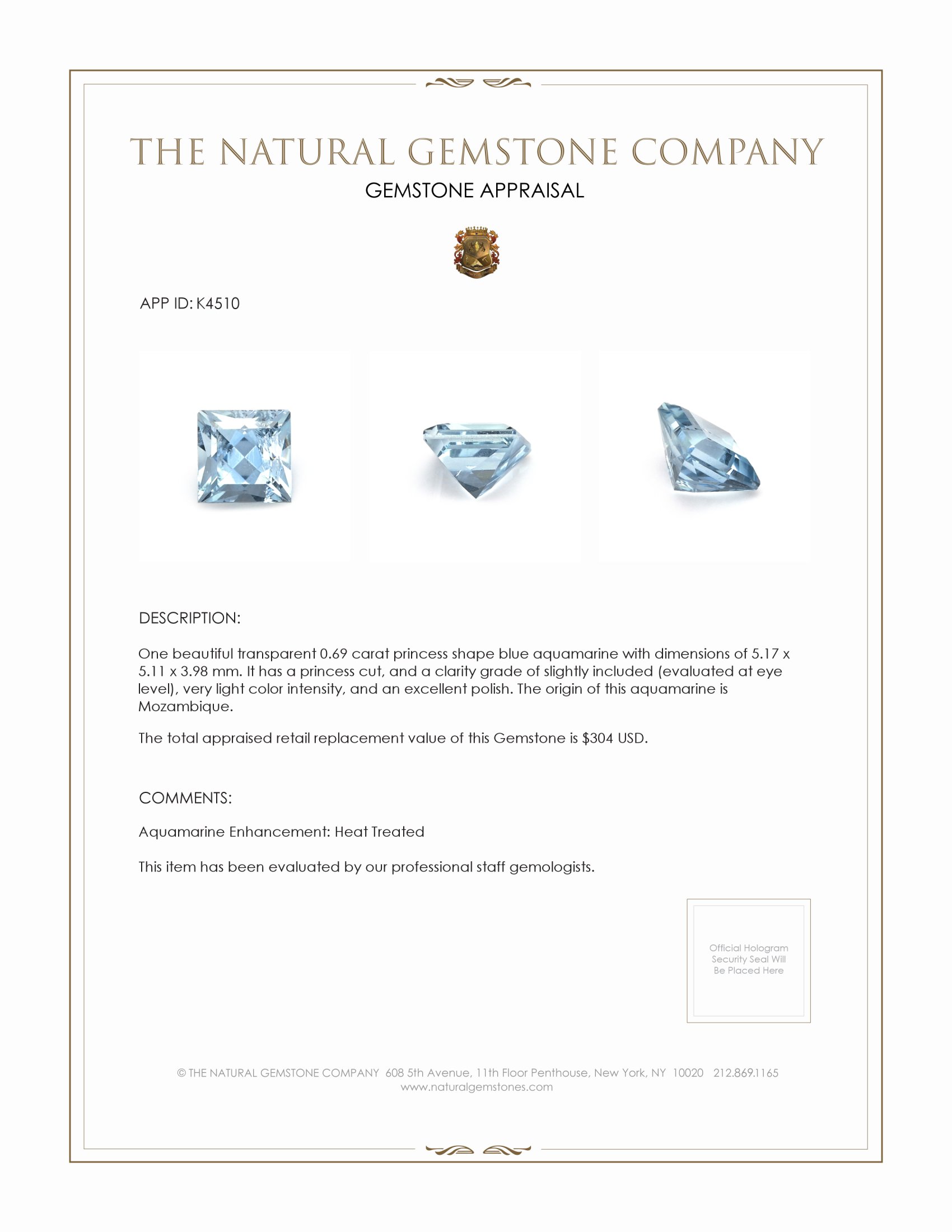 0.69 Ct. Aquamarine from Mozambique