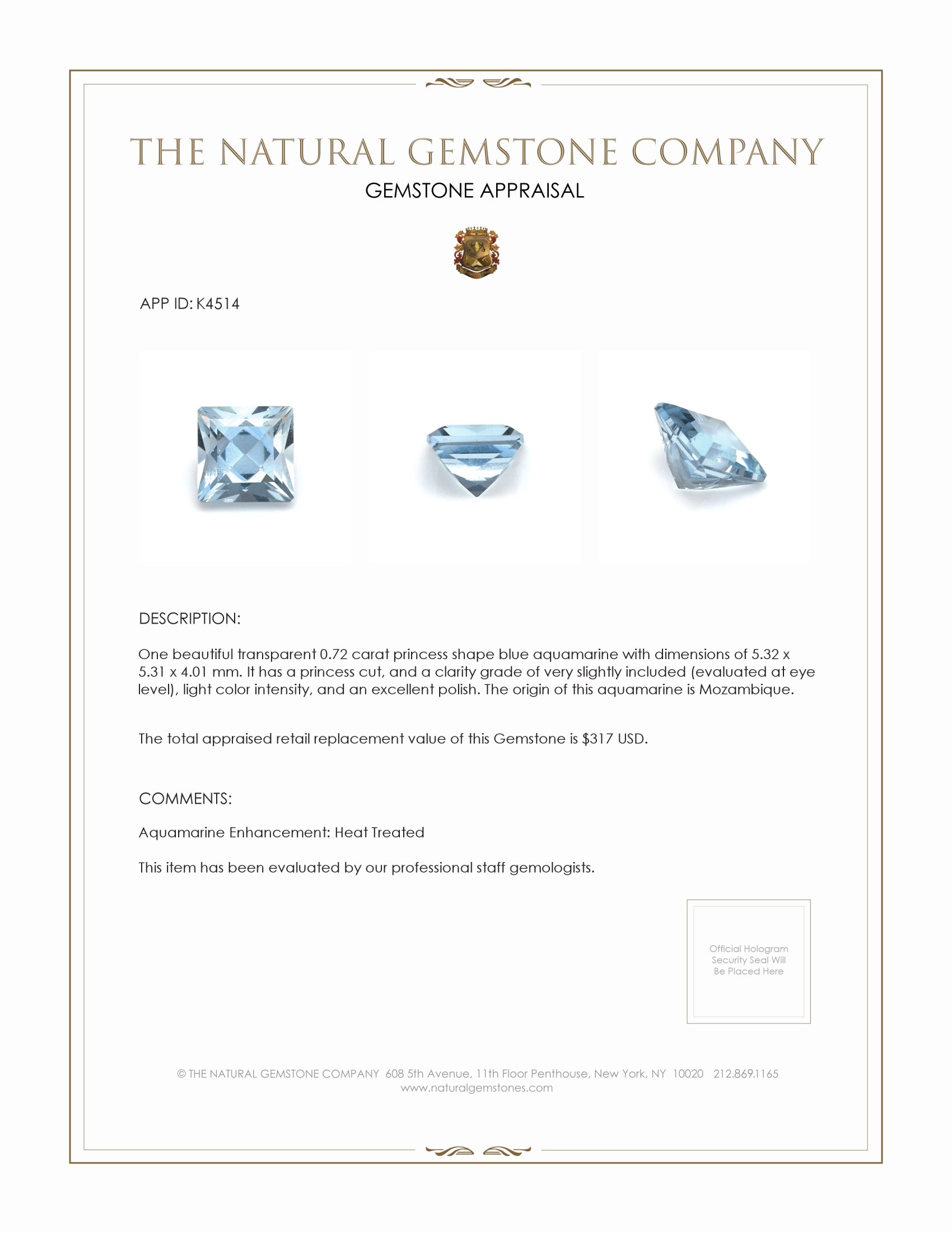 0.72 Ct. Blue Aquamarine from Mozambique