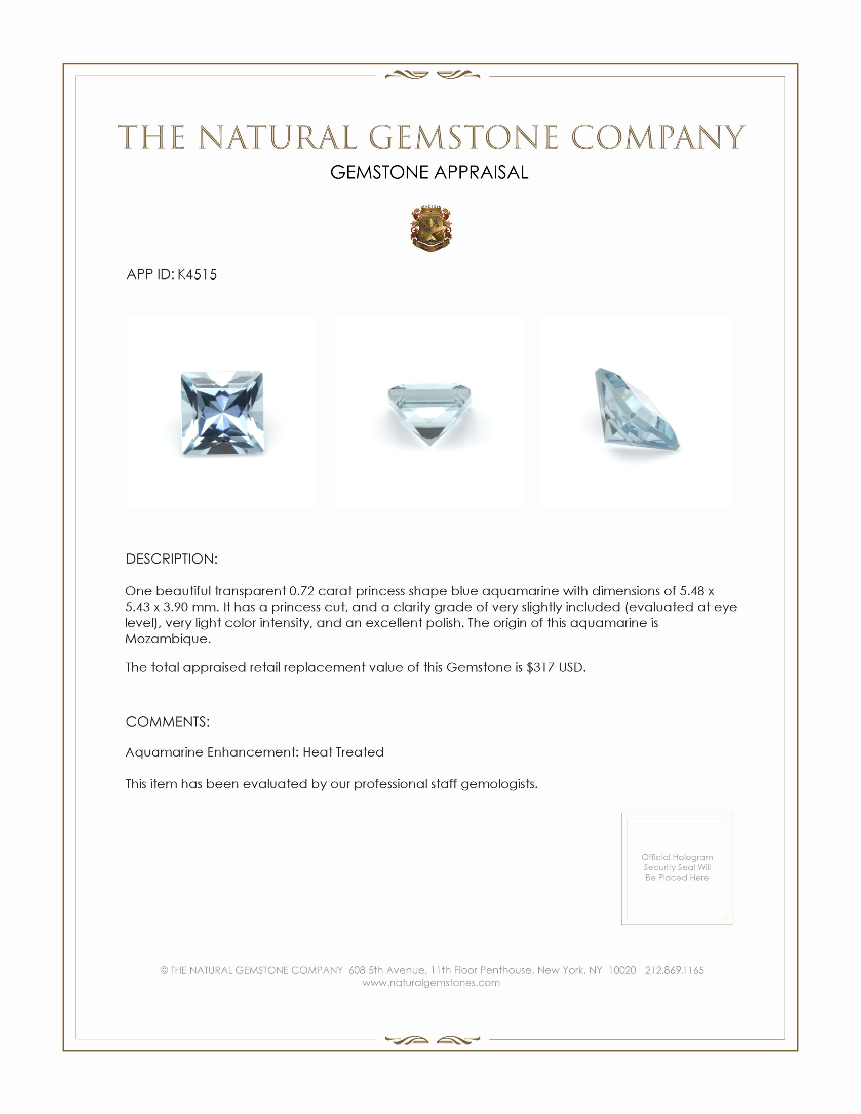 0.72 Ct. Aquamarine from Mozambique