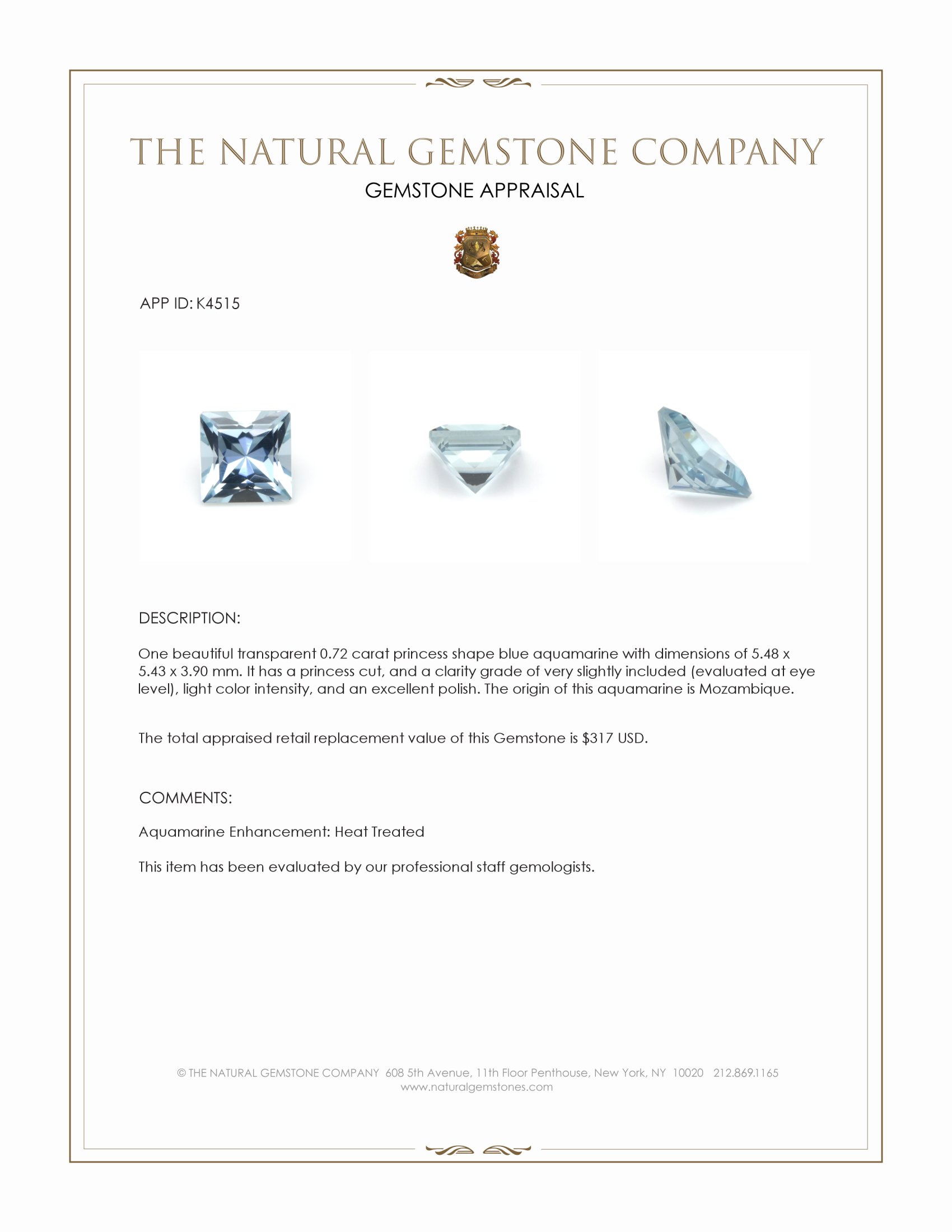 0.72 Ct. Blue Aquamarine from Mozambique