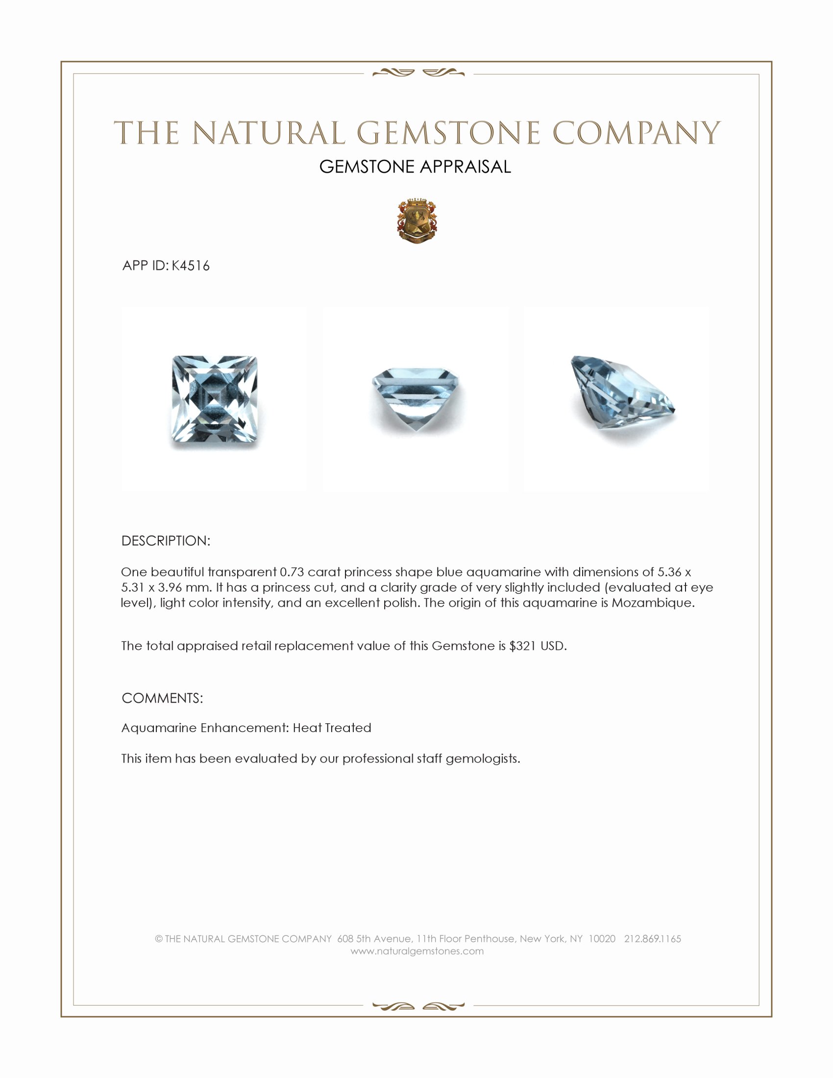 0.73 Ct. Blue Aquamarine from Mozambique