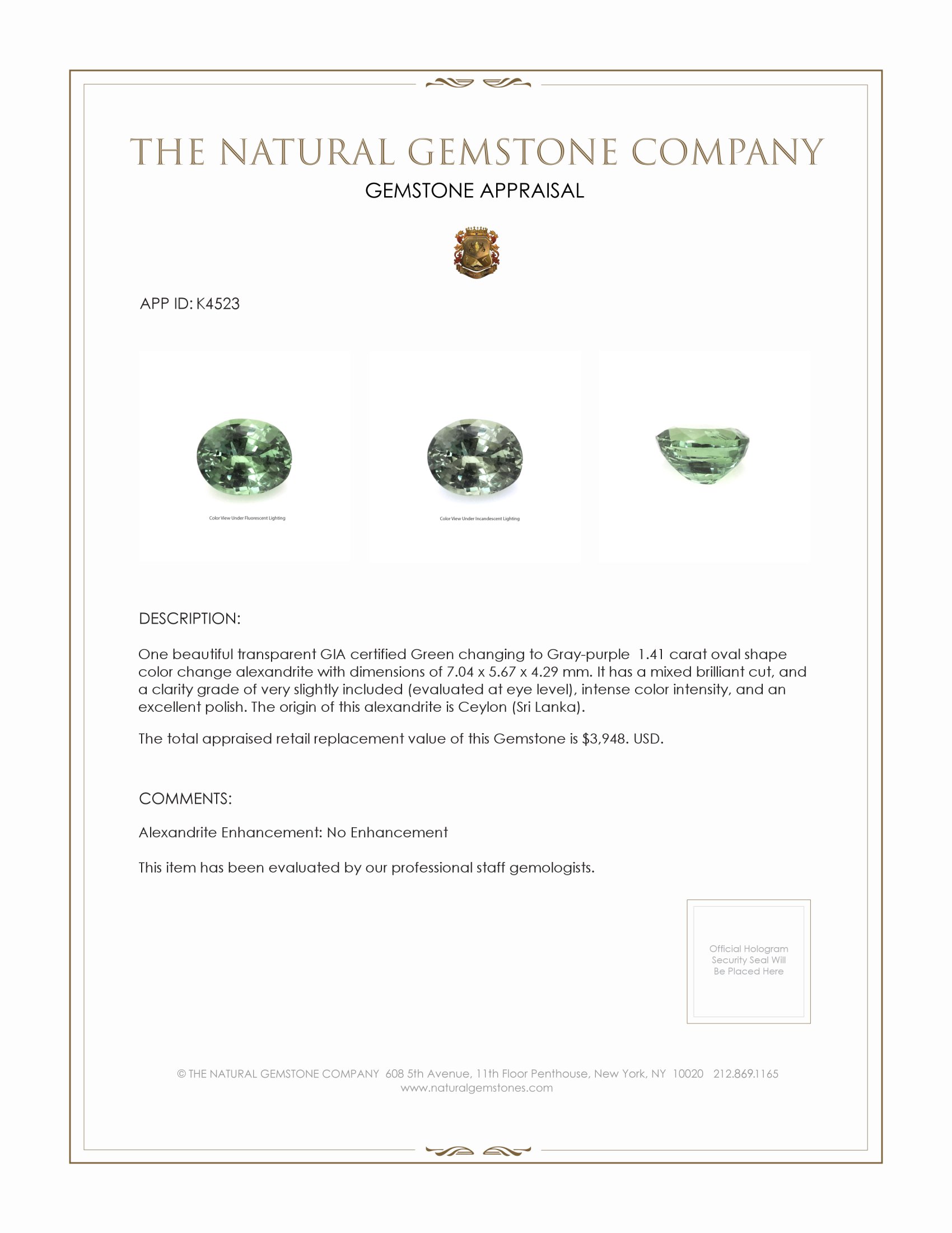 1.41 Ct. Alexandrite from Ceylon (Sri Lanka)