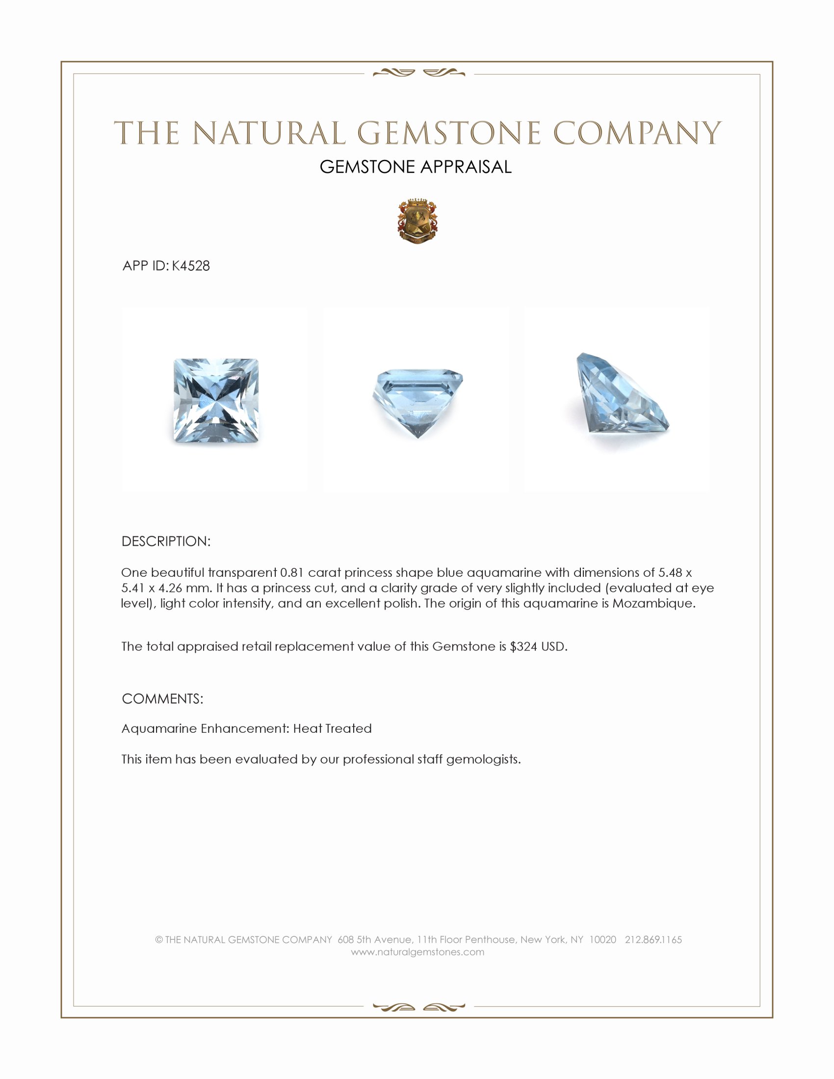 0.81 Ct. Blue Aquamarine from Mozambique