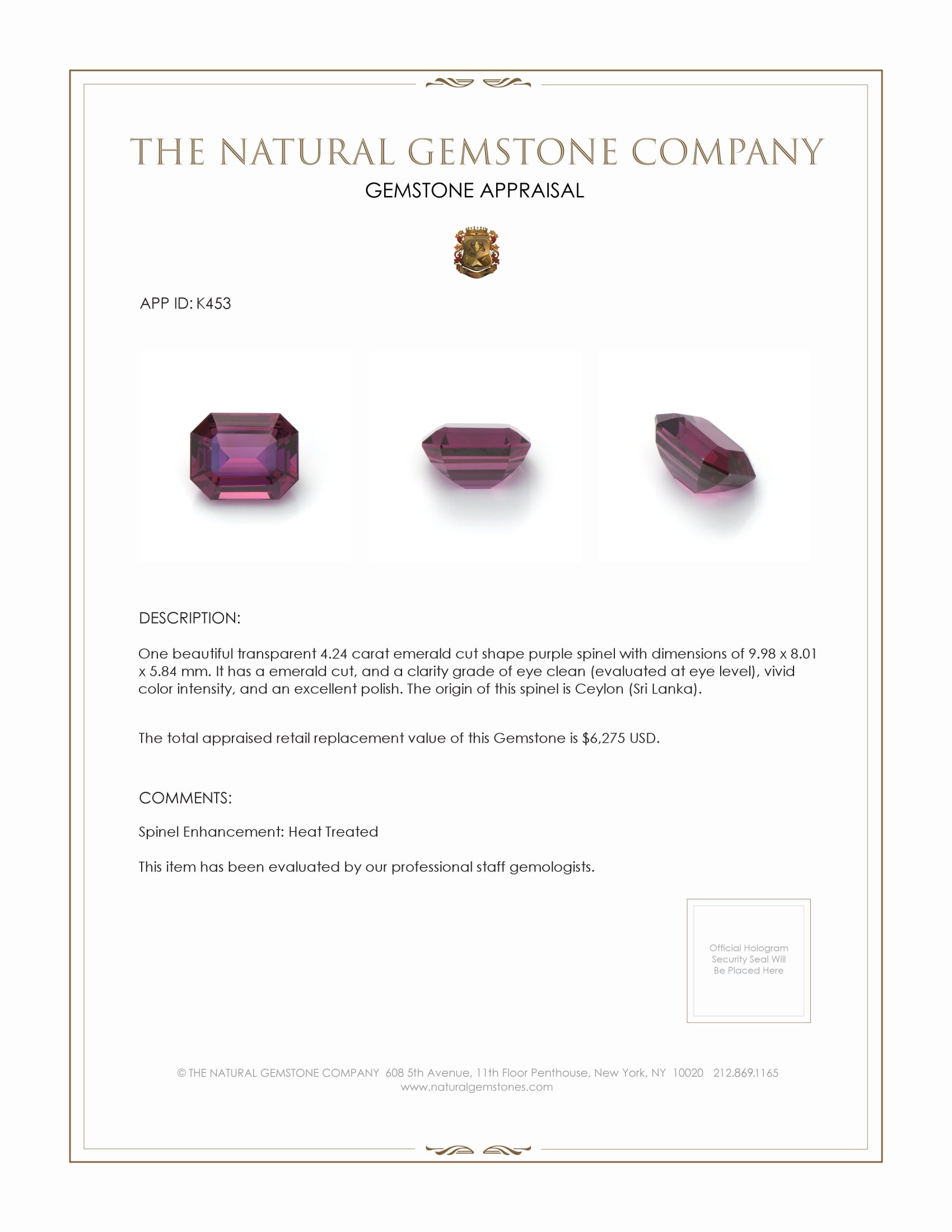 4.24 Ct. Spinel from Ceylon (Sri Lanka)
