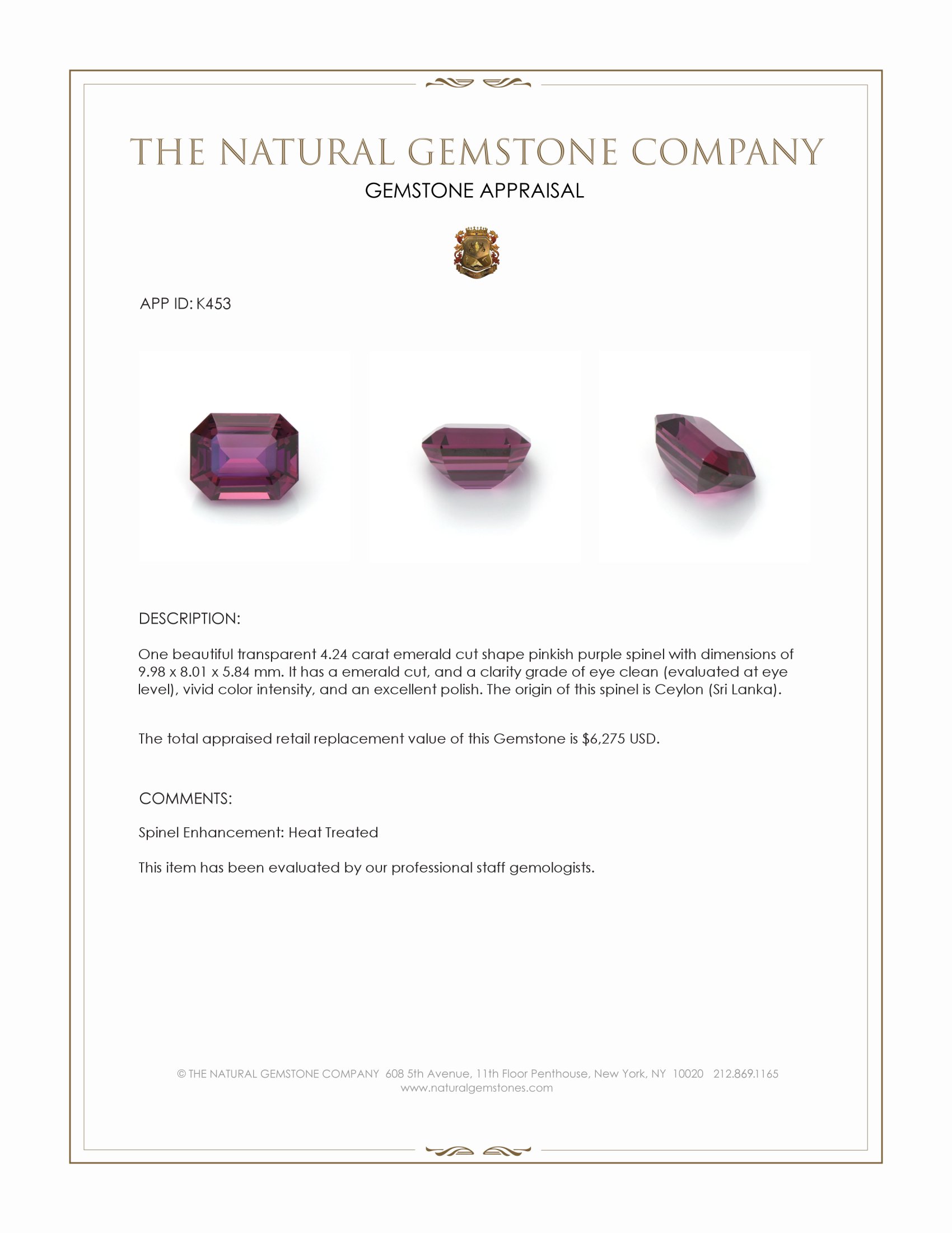 4.24 Ct. Pinkish Purple Spinel from Ceylon (Sri Lanka)