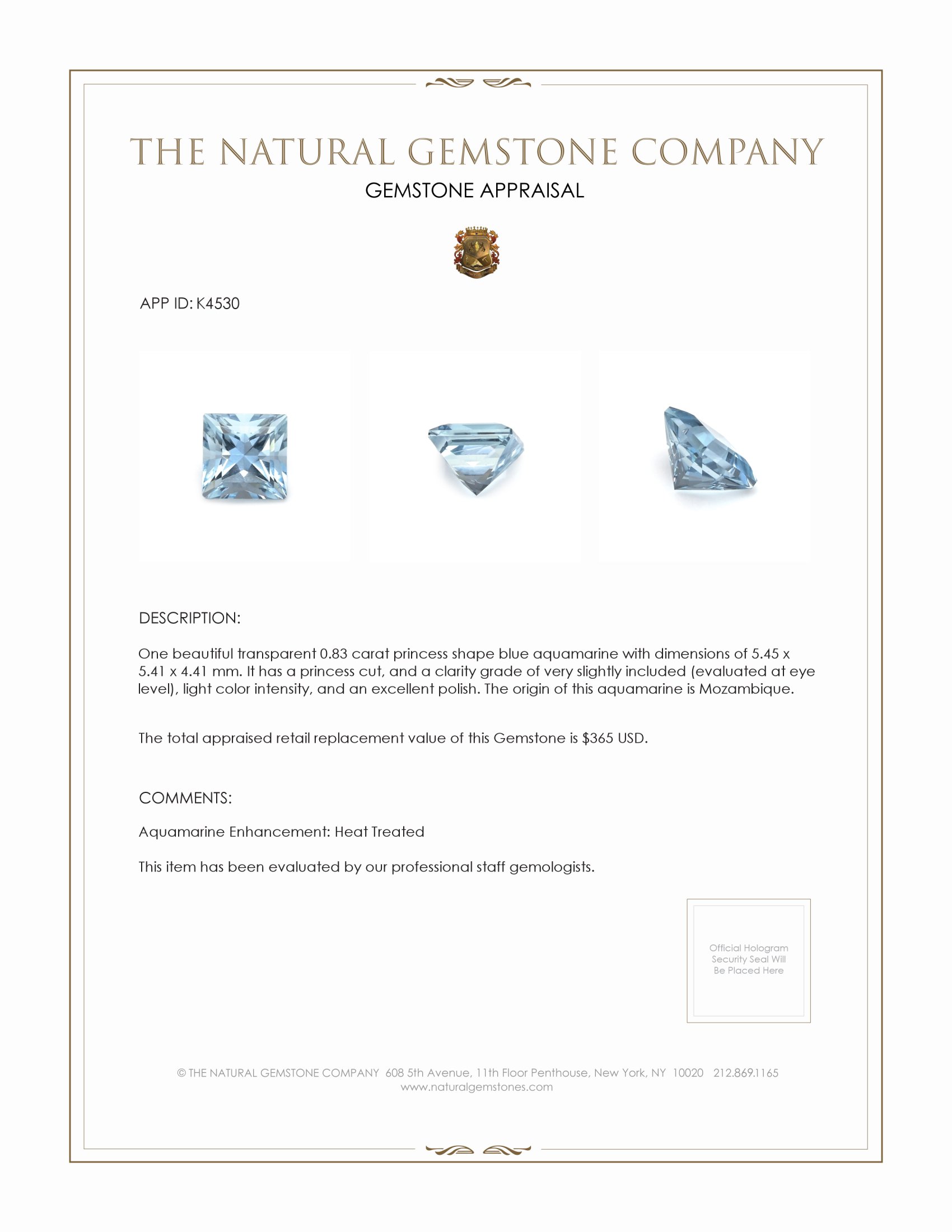 0.83 Ct. Aquamarine from Mozambique