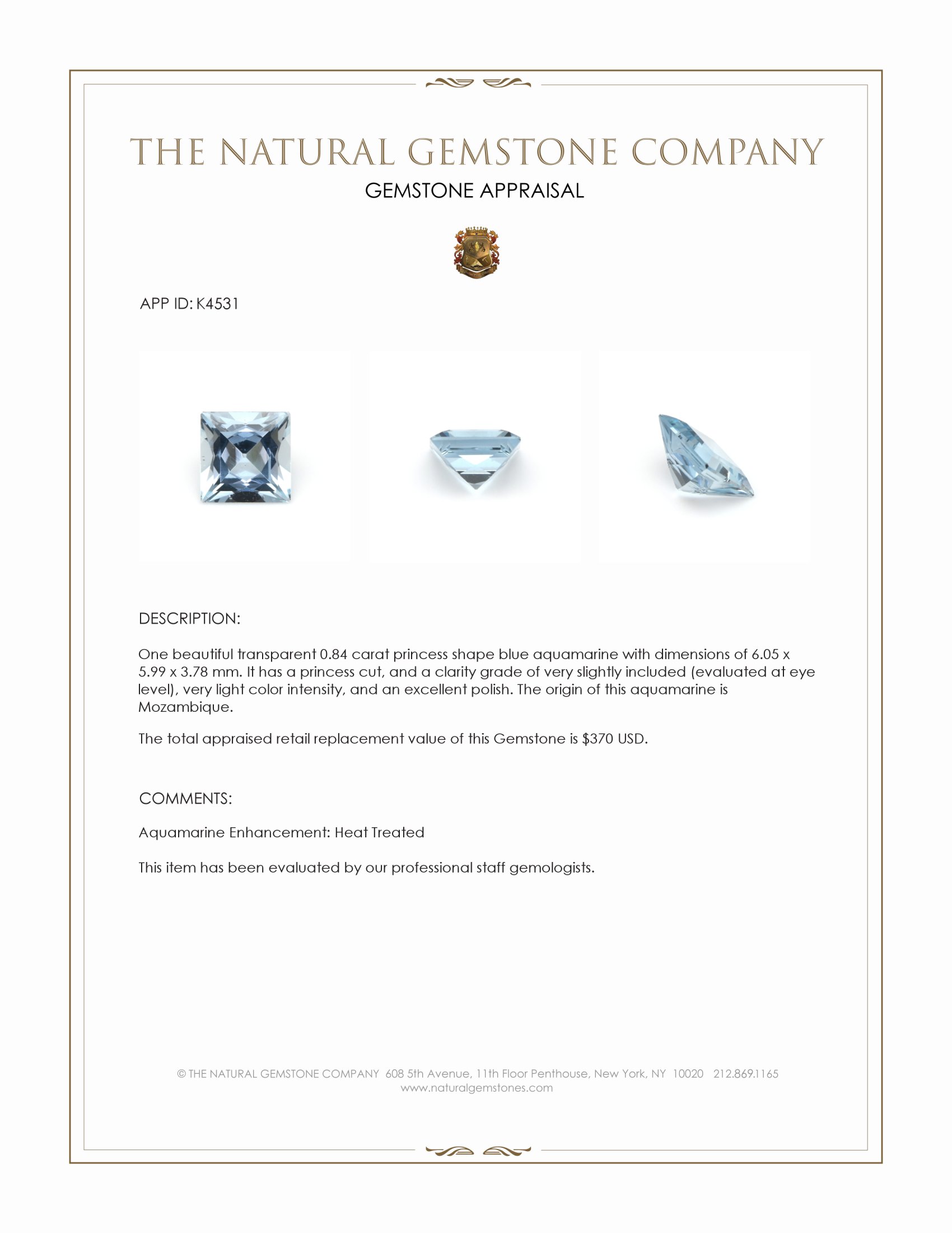 0.84 Ct. Aquamarine from Mozambique