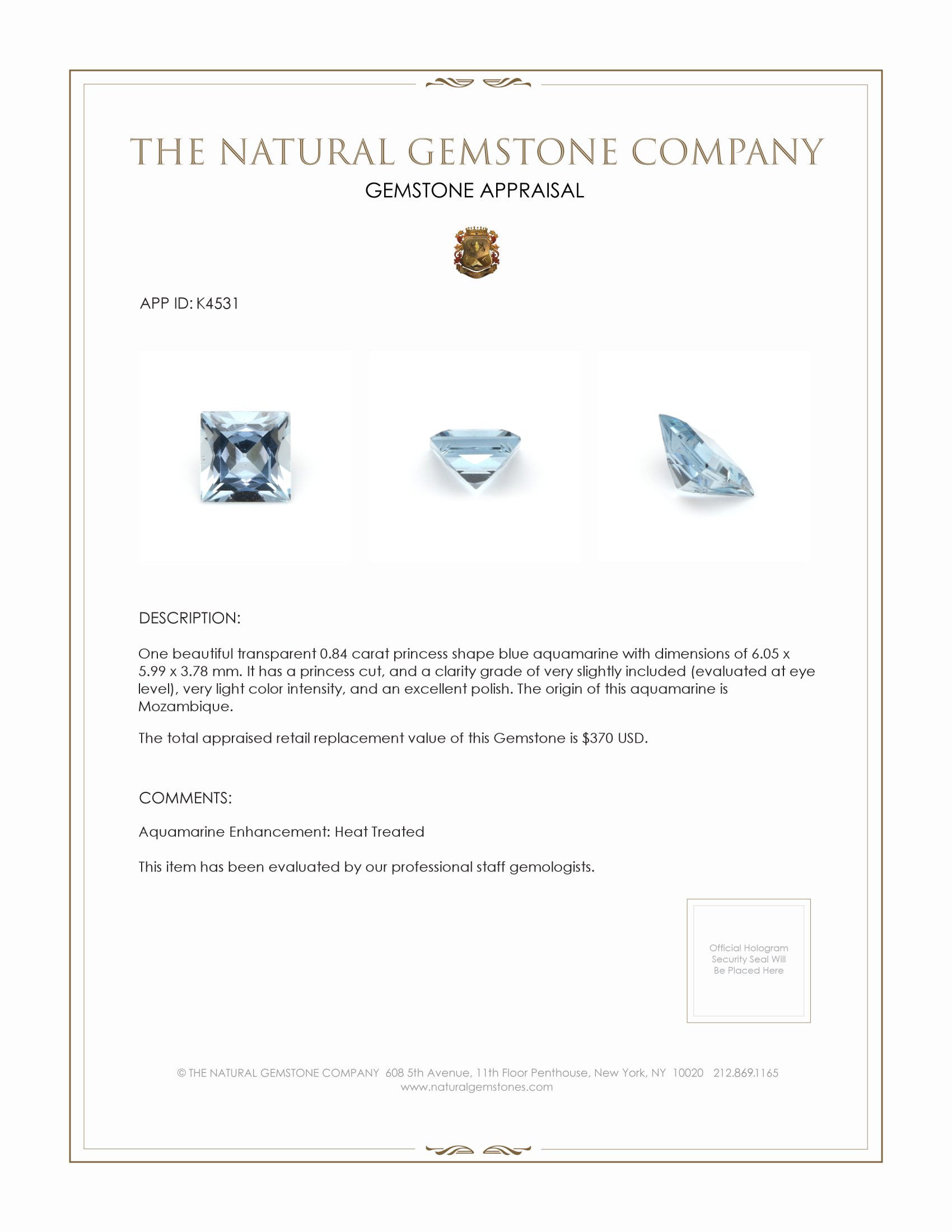 0.84 Ct. Aquamarine from Mozambique