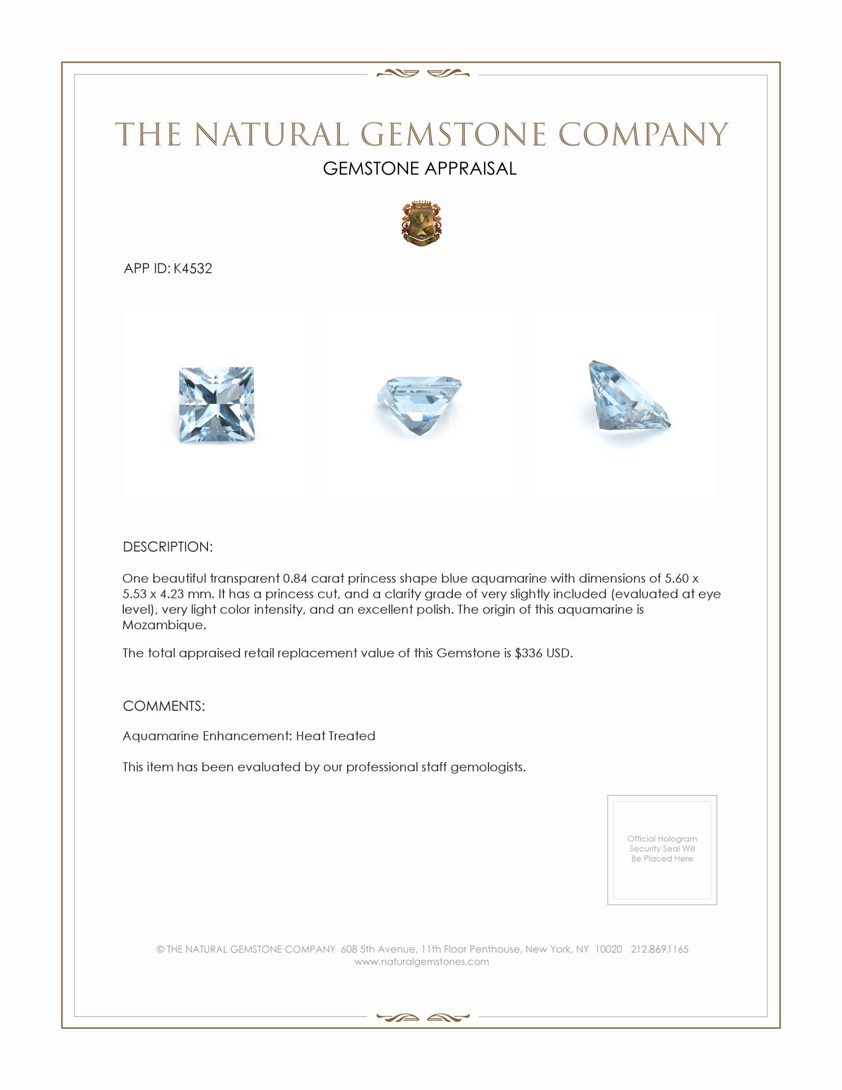 0.84 Ct. Aquamarine from Mozambique