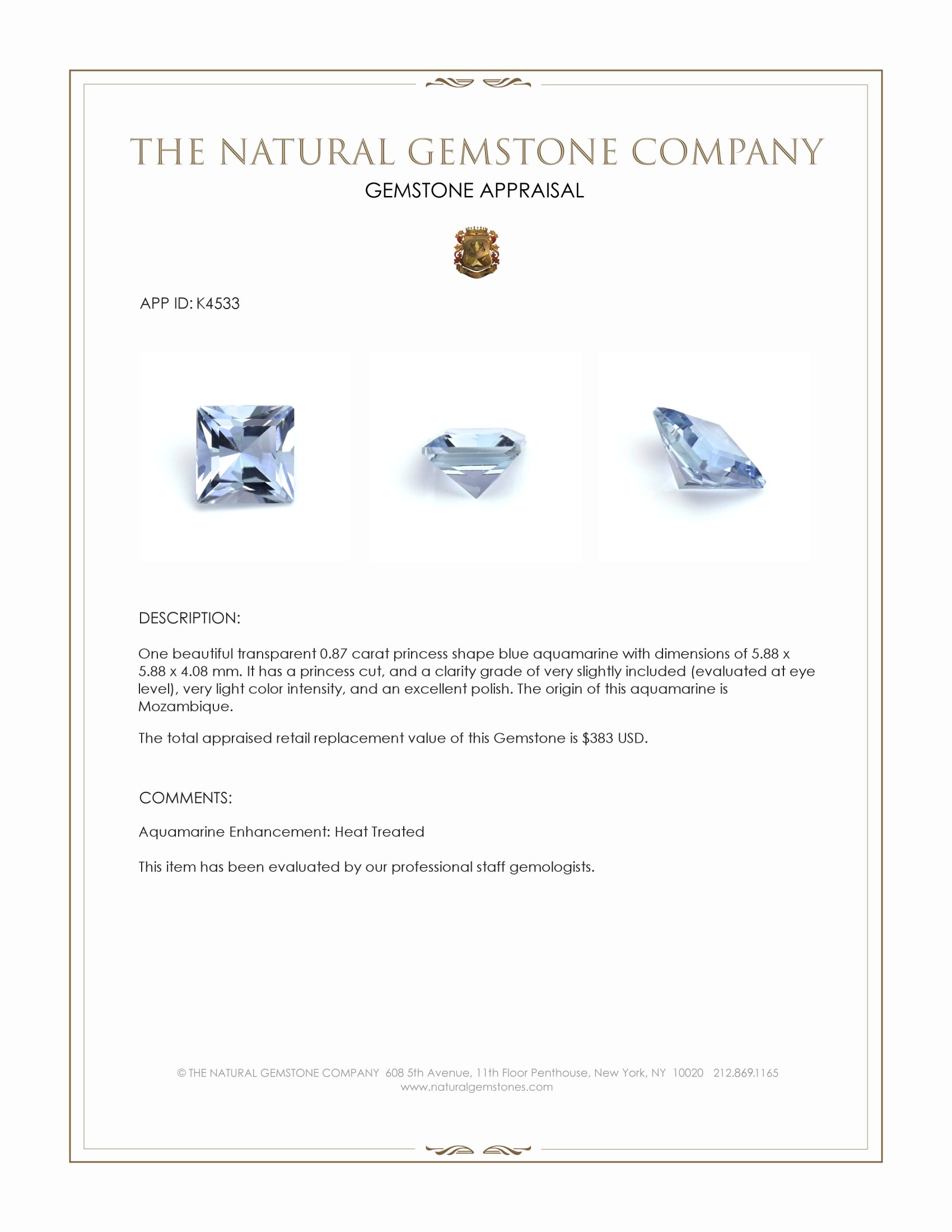 0.87 Ct. Aquamarine from Mozambique