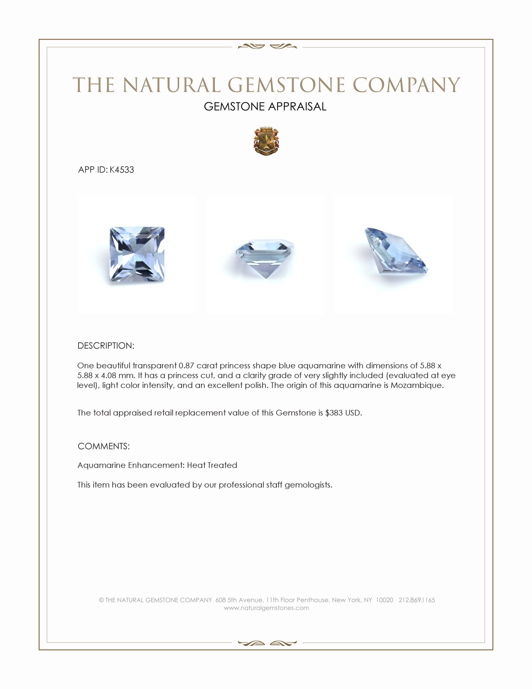 0.87 Ct. Aquamarine from Mozambique