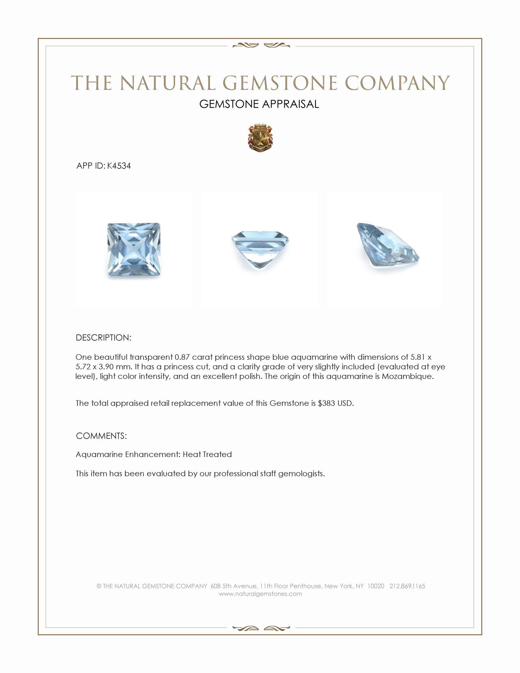 0.87 Ct. Blue Aquamarine from Mozambique