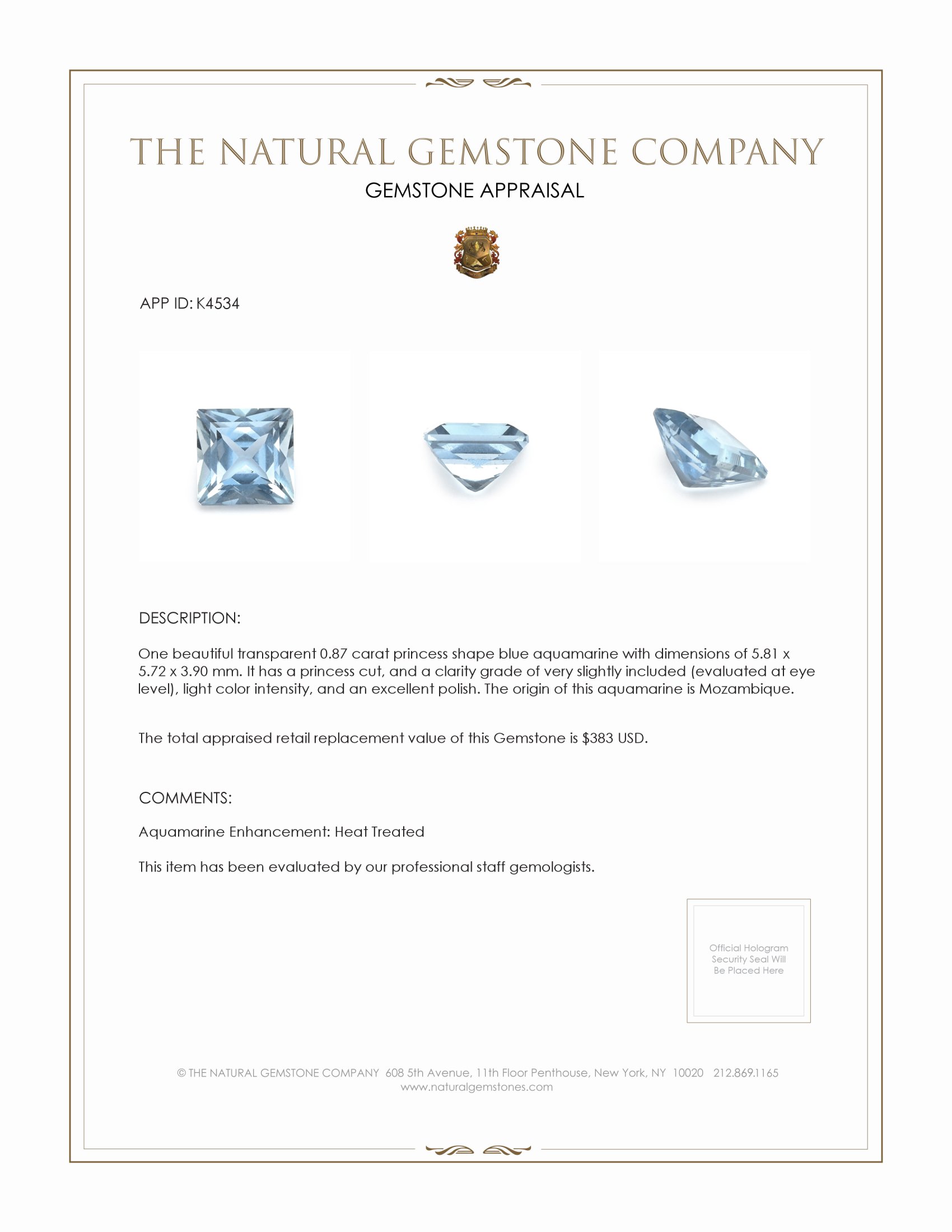 0.87 Ct. Aquamarine from Mozambique