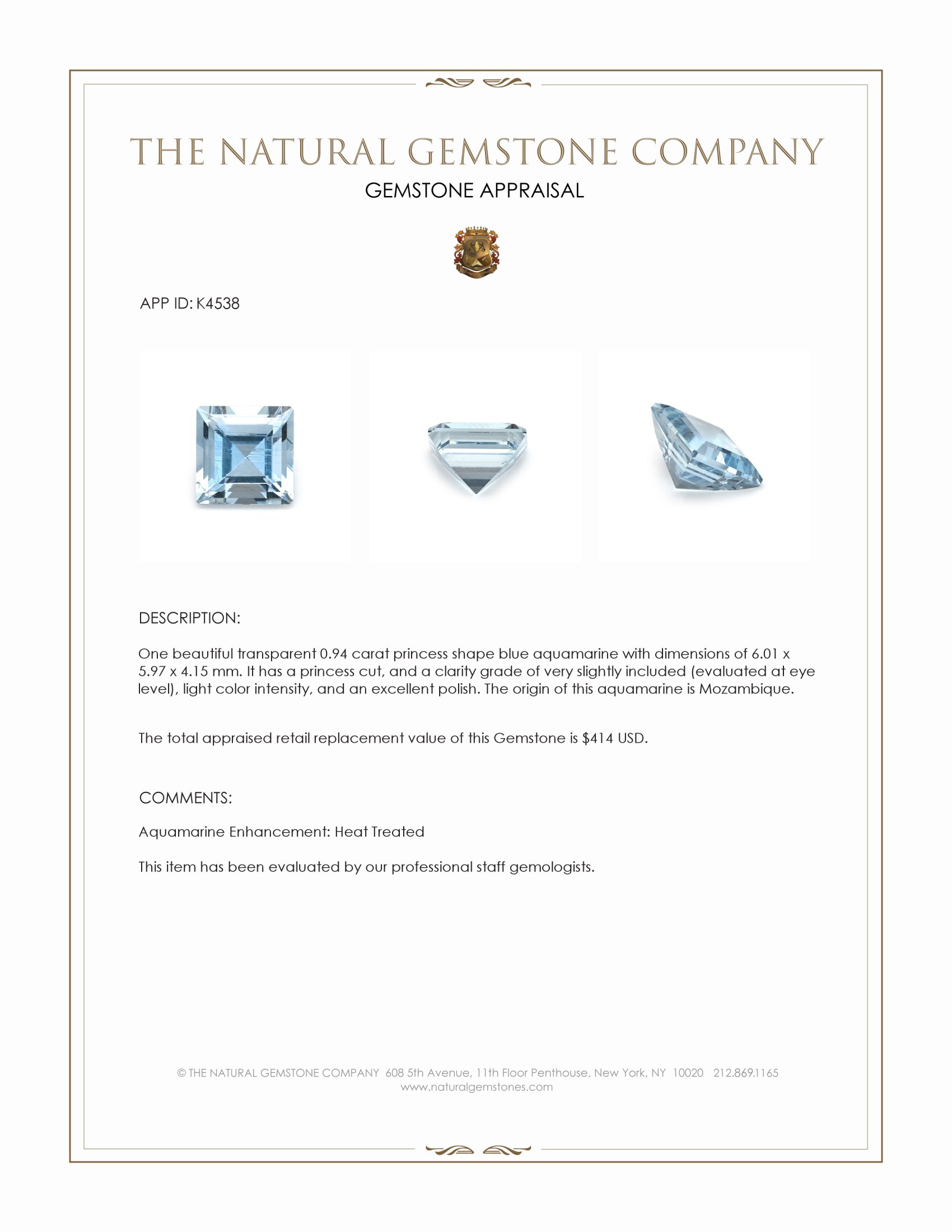 0.94 Ct. Aquamarine from Mozambique