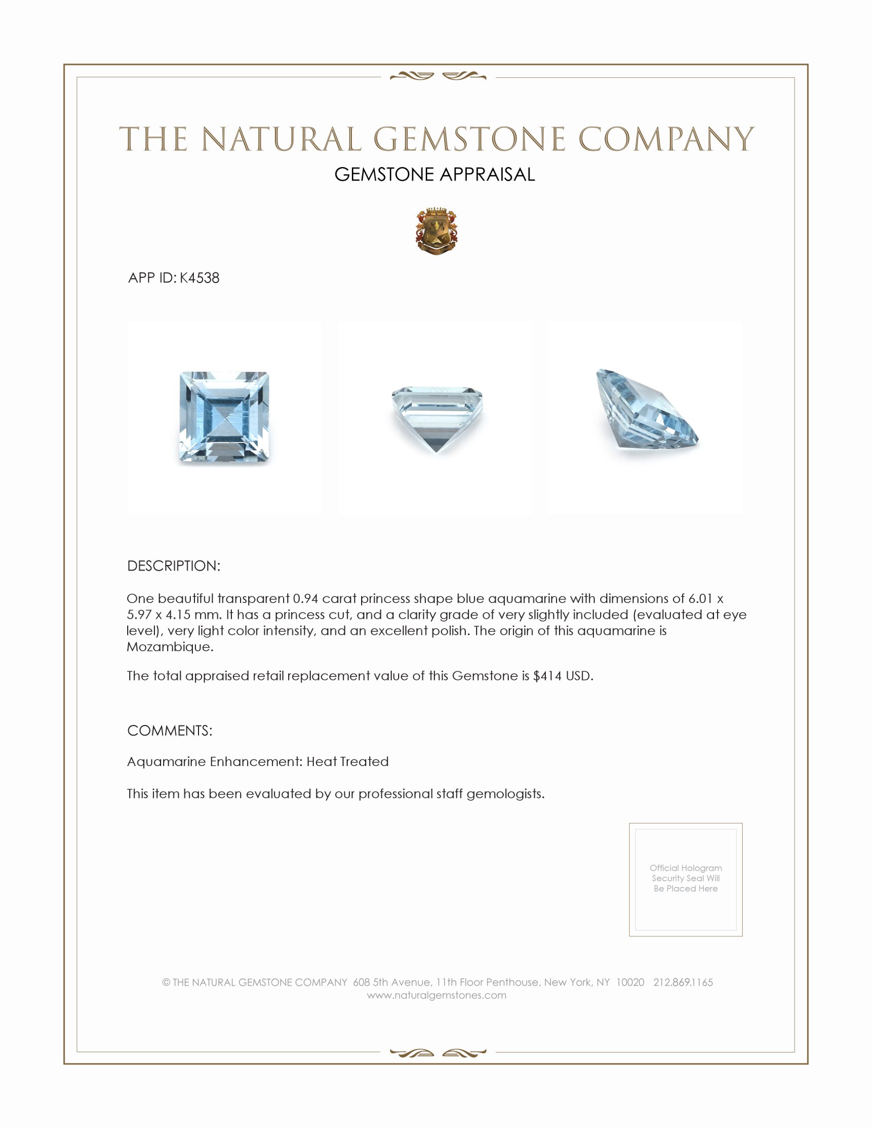 0.94 Ct. Aquamarine from Mozambique