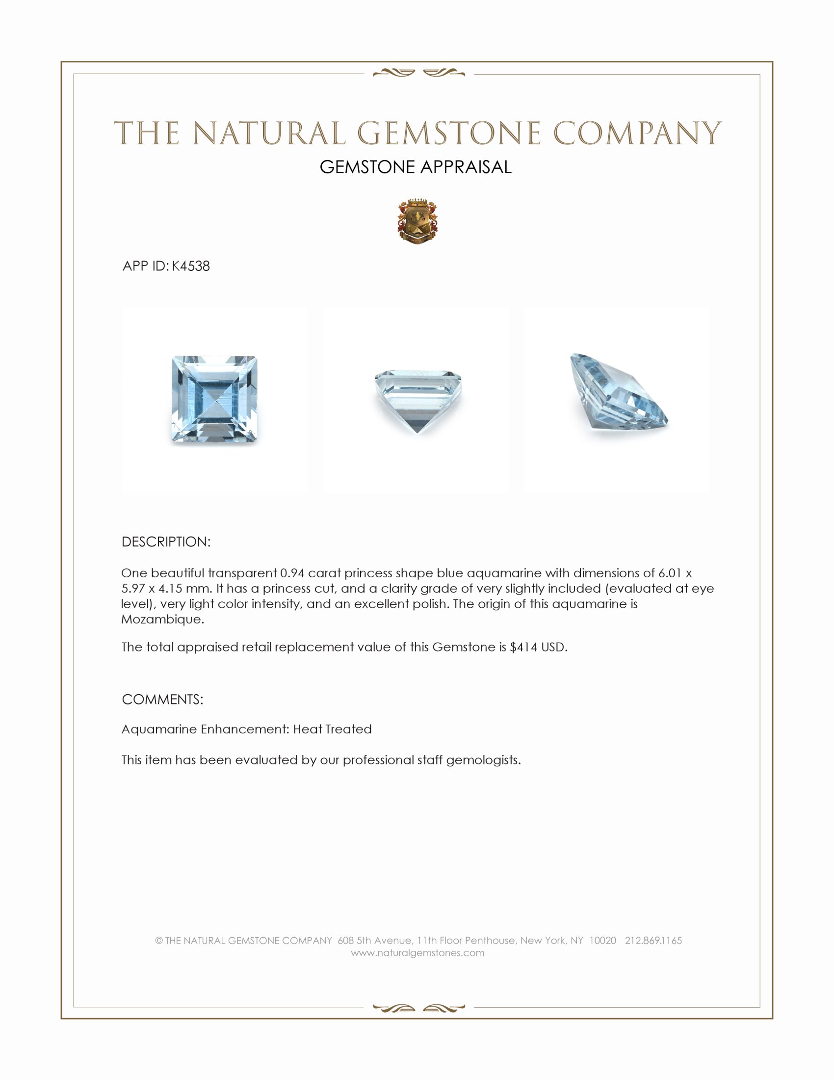 0.94 Ct. Aquamarine from Mozambique