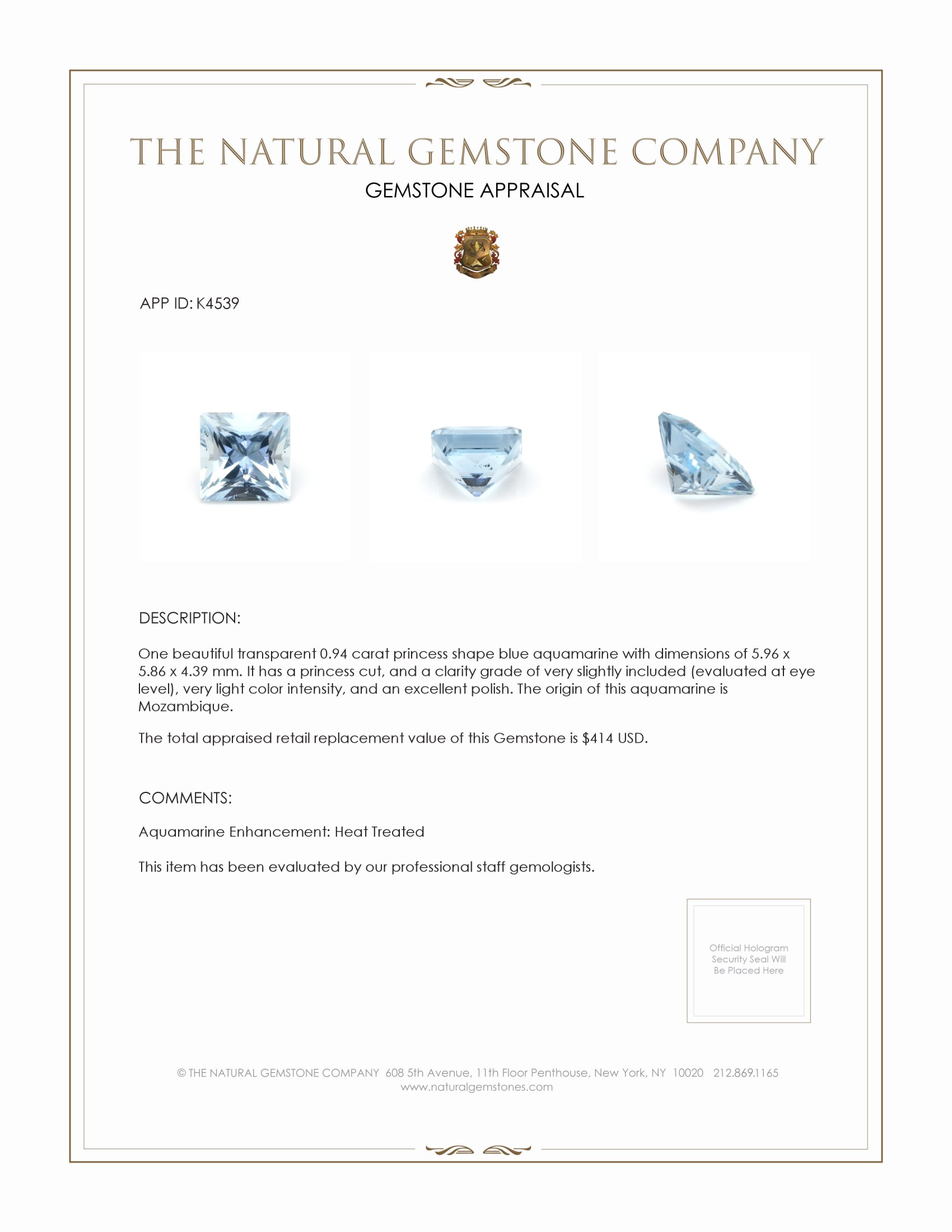 0.94 Ct. Aquamarine from Mozambique