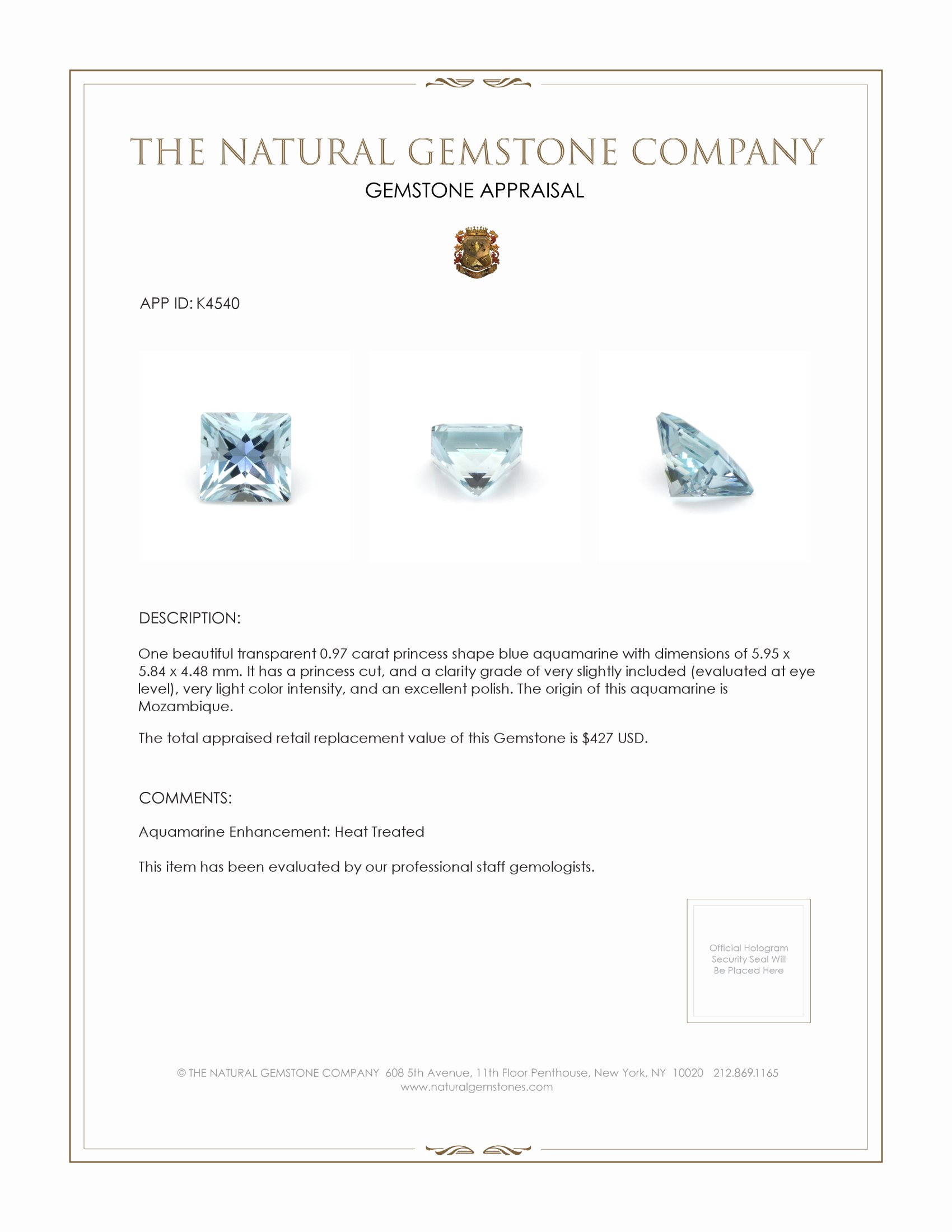 0.97 Ct. Aquamarine from Mozambique
