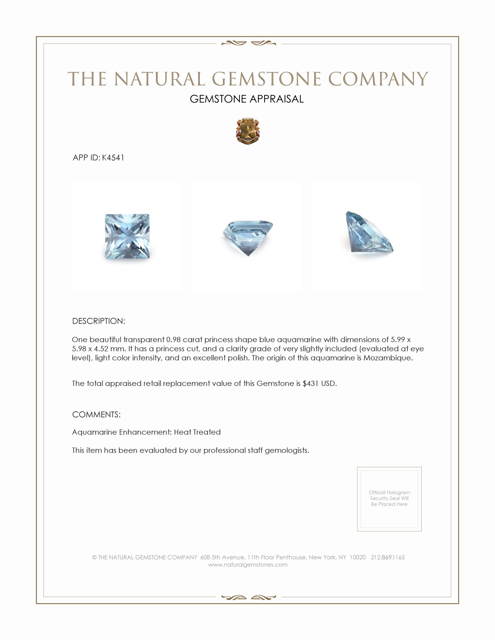 0.98 Ct. Blue Aquamarine from Mozambique