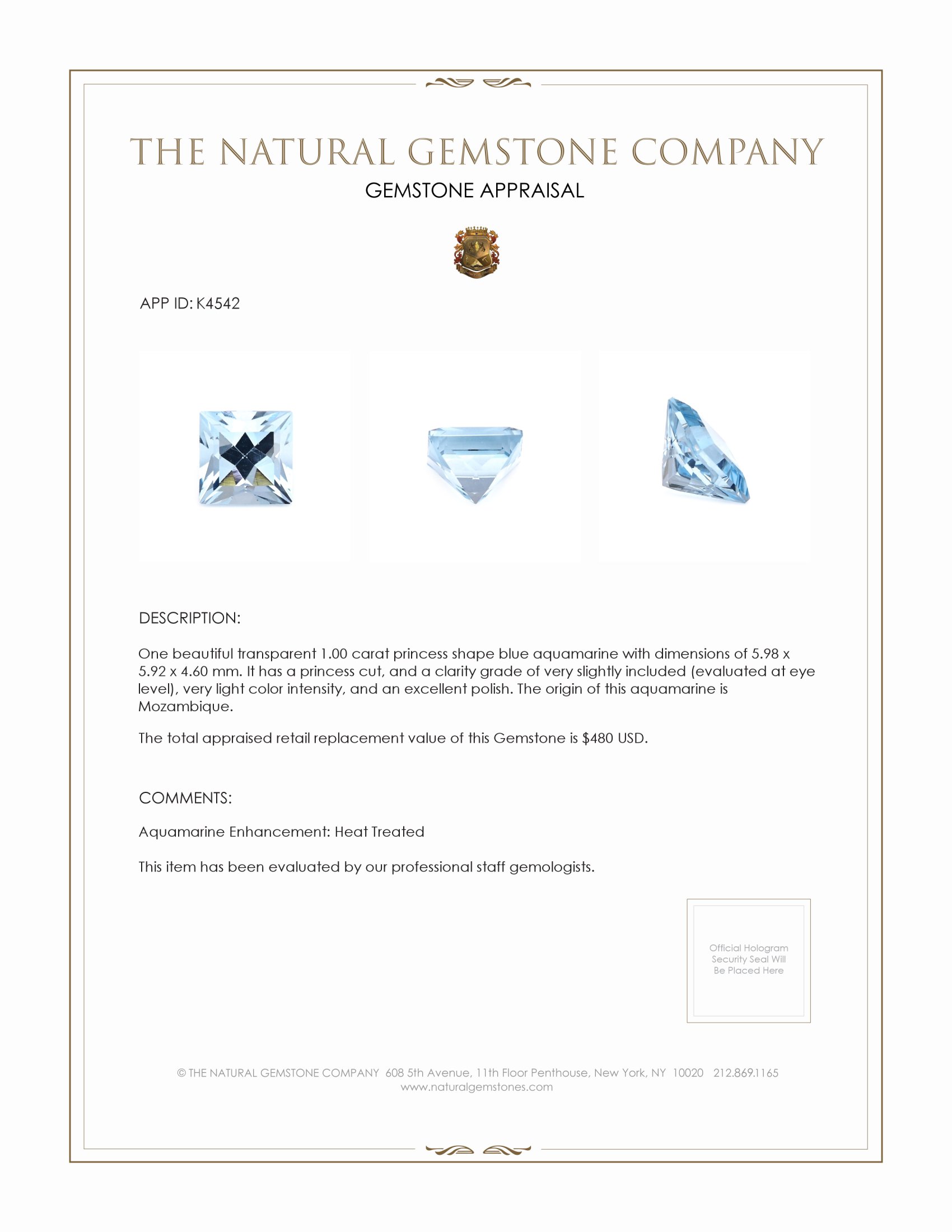 1.00 Ct. Aquamarine from Mozambique