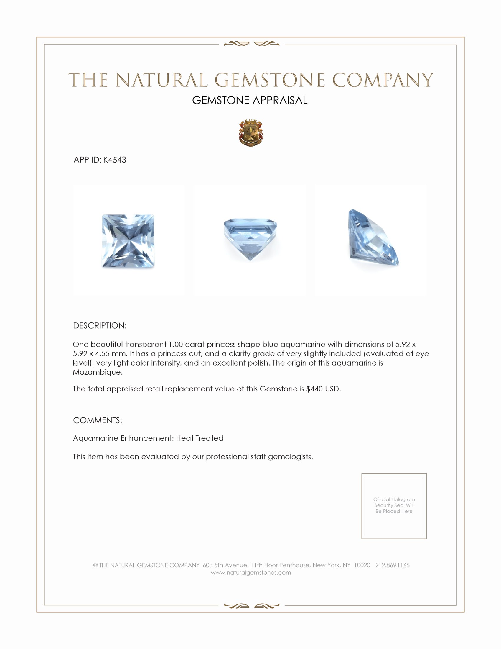 1.00 Ct. Aquamarine from Mozambique