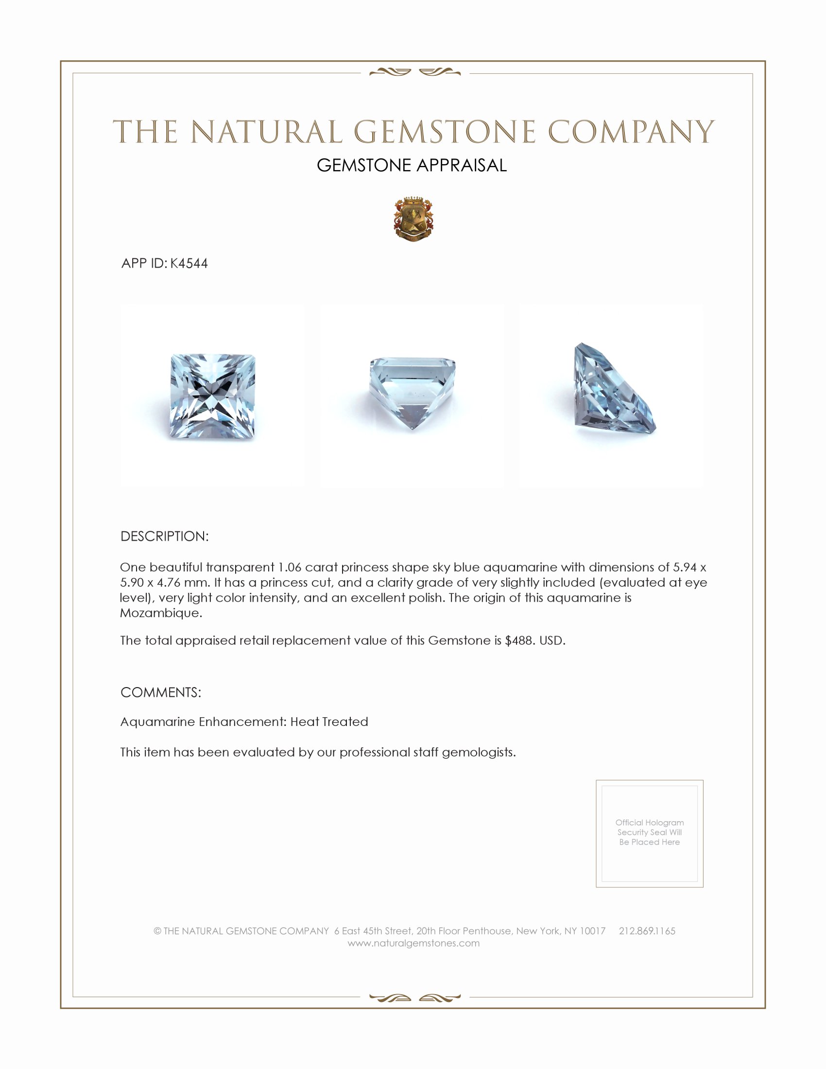 1.06 Ct. Aquamarine from Mozambique