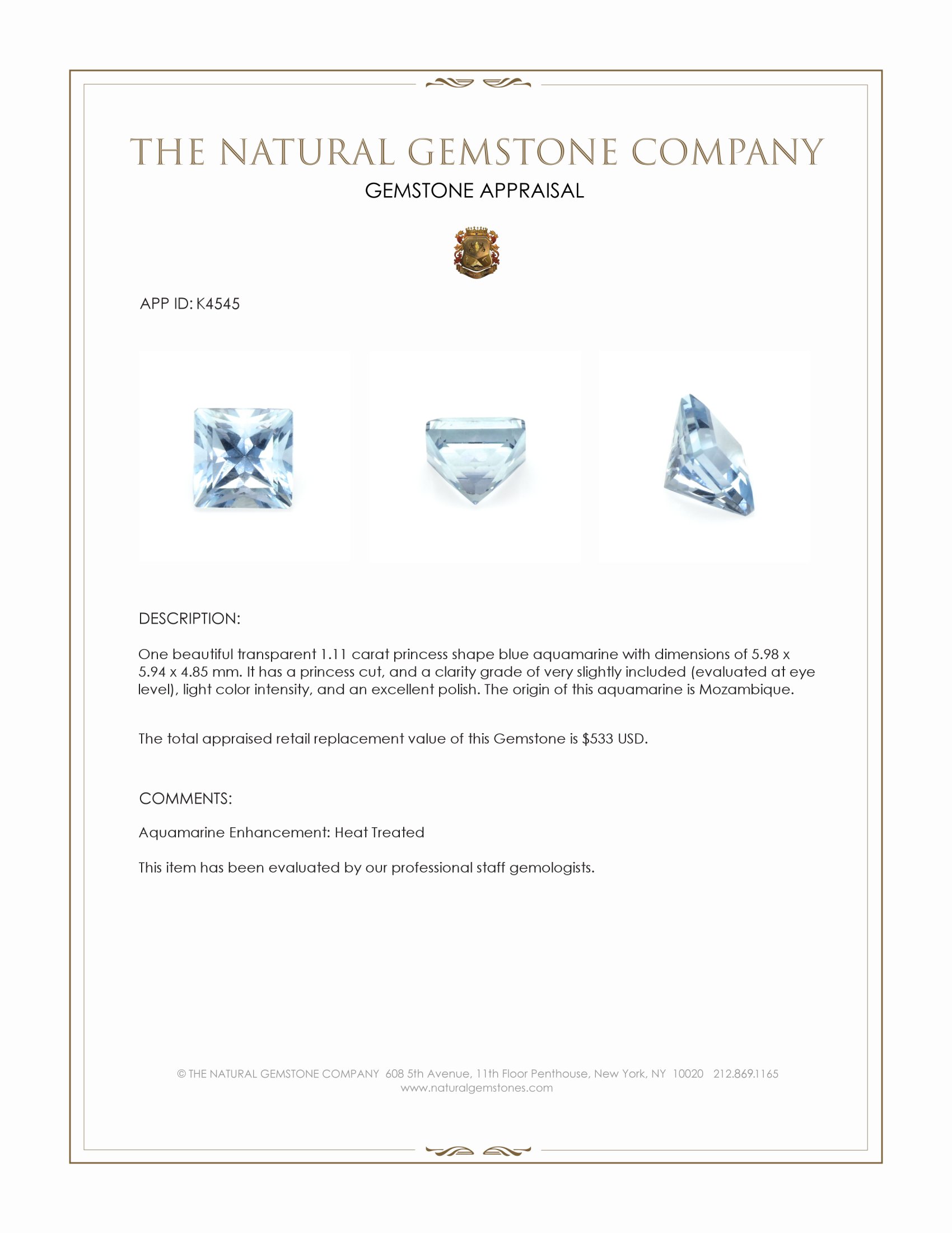 1.11 Ct. Aquamarine from Mozambique