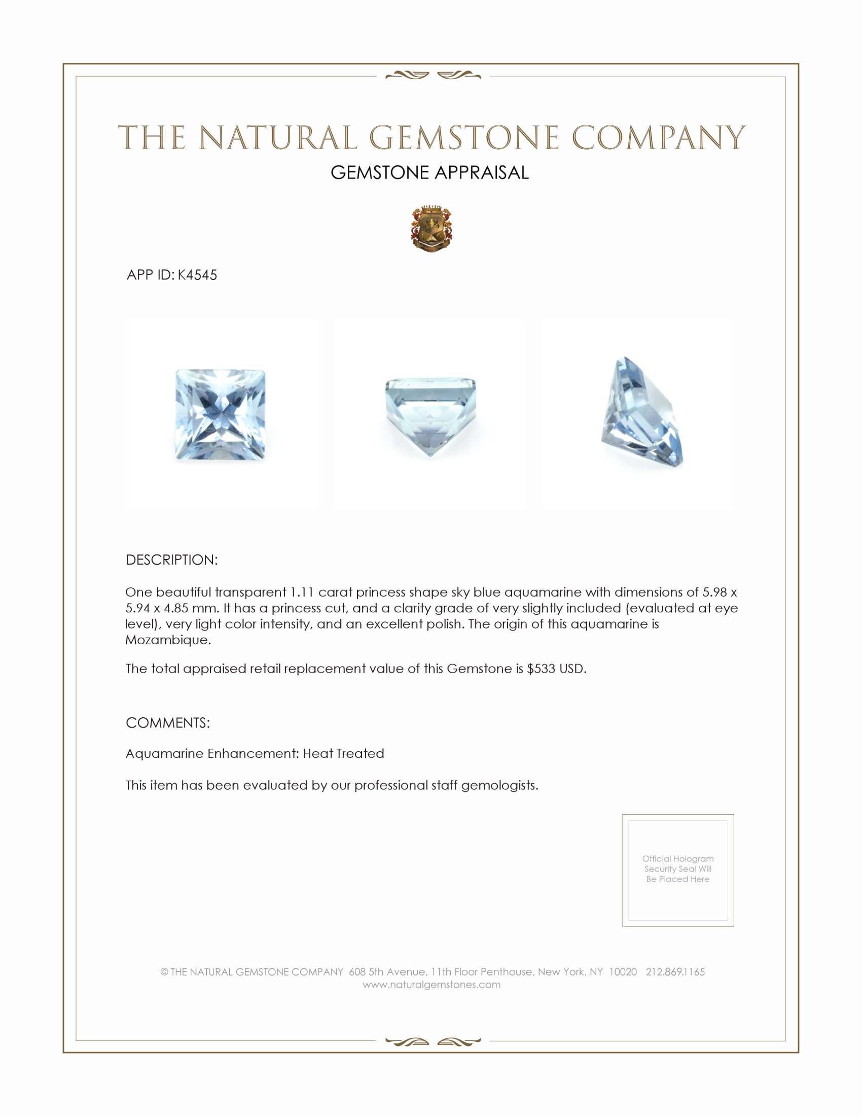 1.11 Ct. Aquamarine from Mozambique