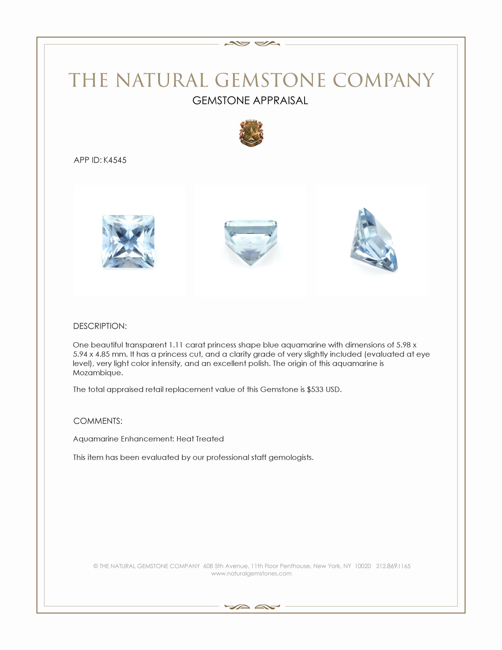 1.11 Ct. Aquamarine from Mozambique