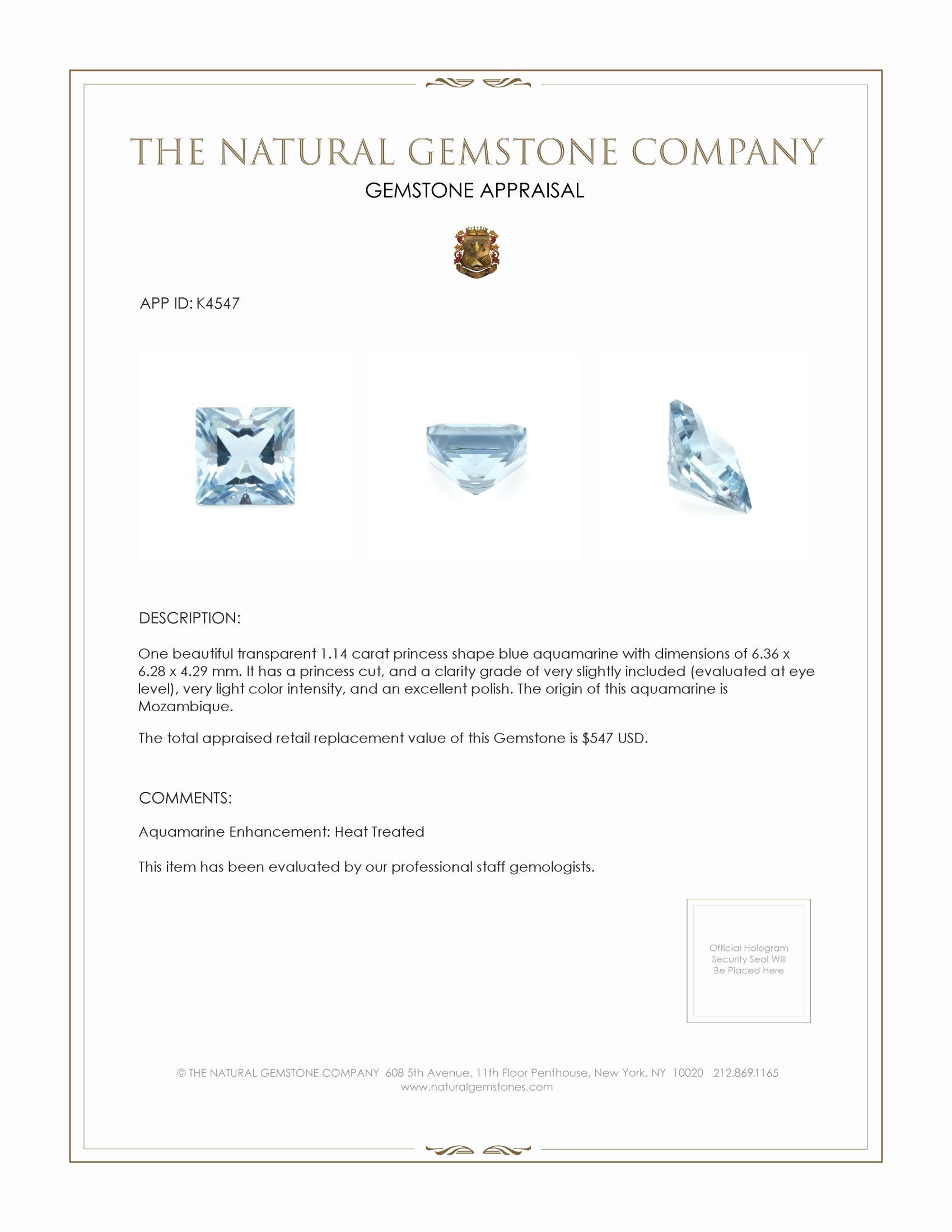 1.14 Ct. Aquamarine from Mozambique